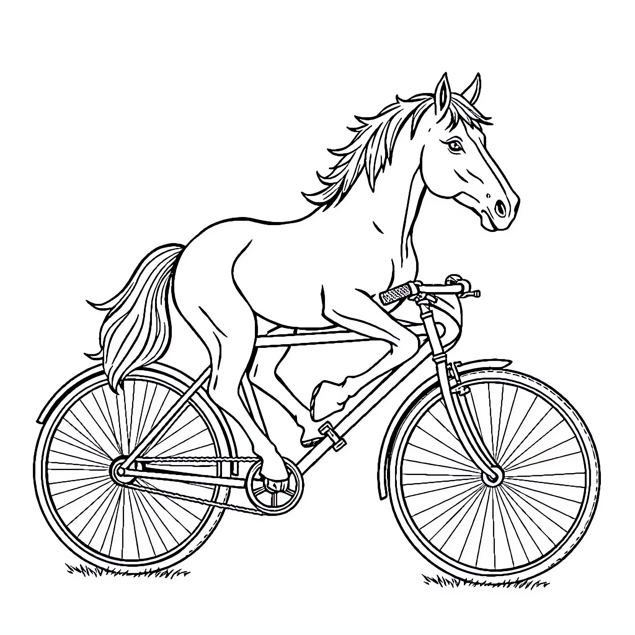 Horse riding a bicycle in a unique way Coloring Page (free black-and-white line drawing printable PDF for all, from beginners to advanced learners, including children, teens, adults, and seniors)