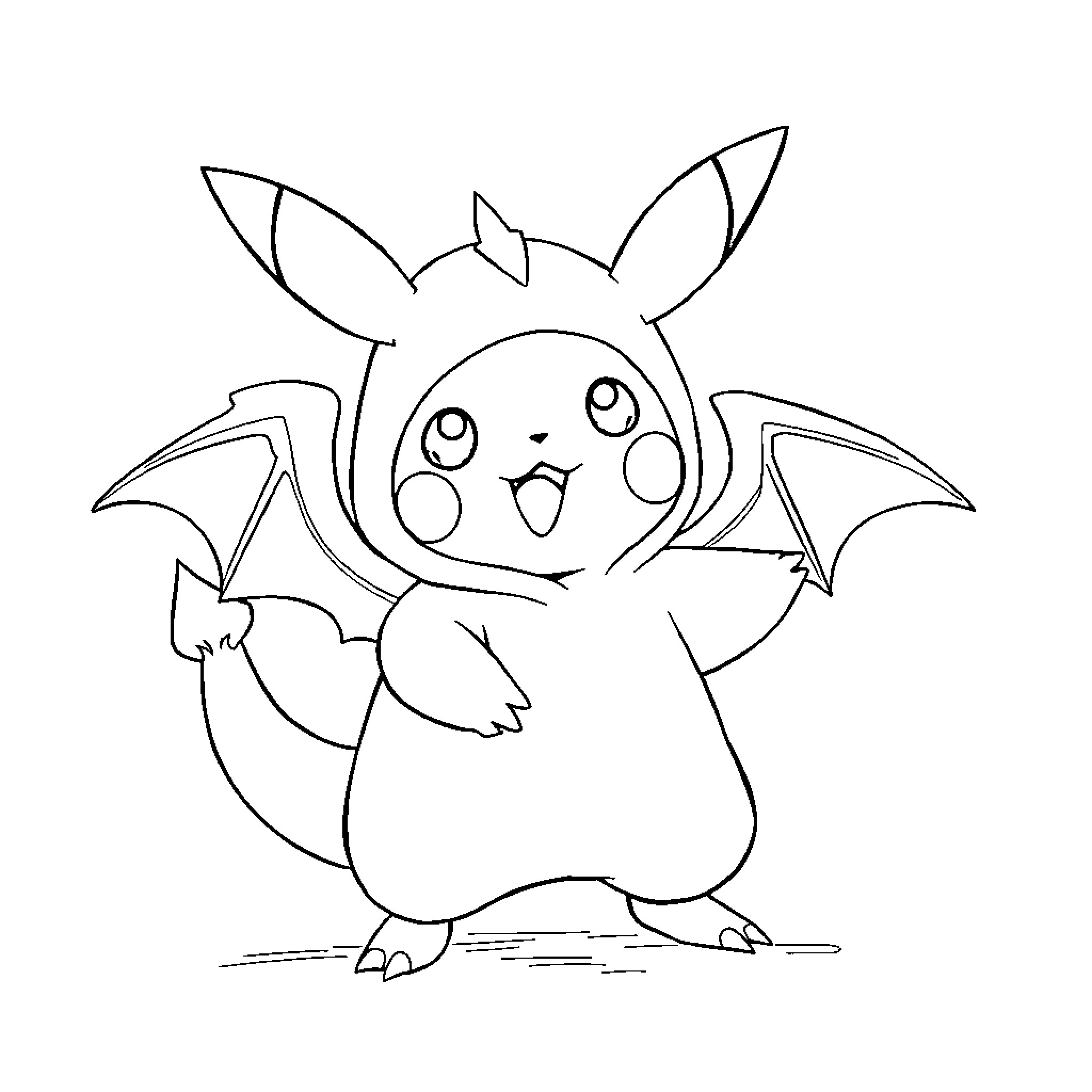Pikachu enjoying a playful costume Coloring Page (free black-and-white line drawing printable PDF for all, from beginners to advanced learners, including children, teens, adults, and seniors)