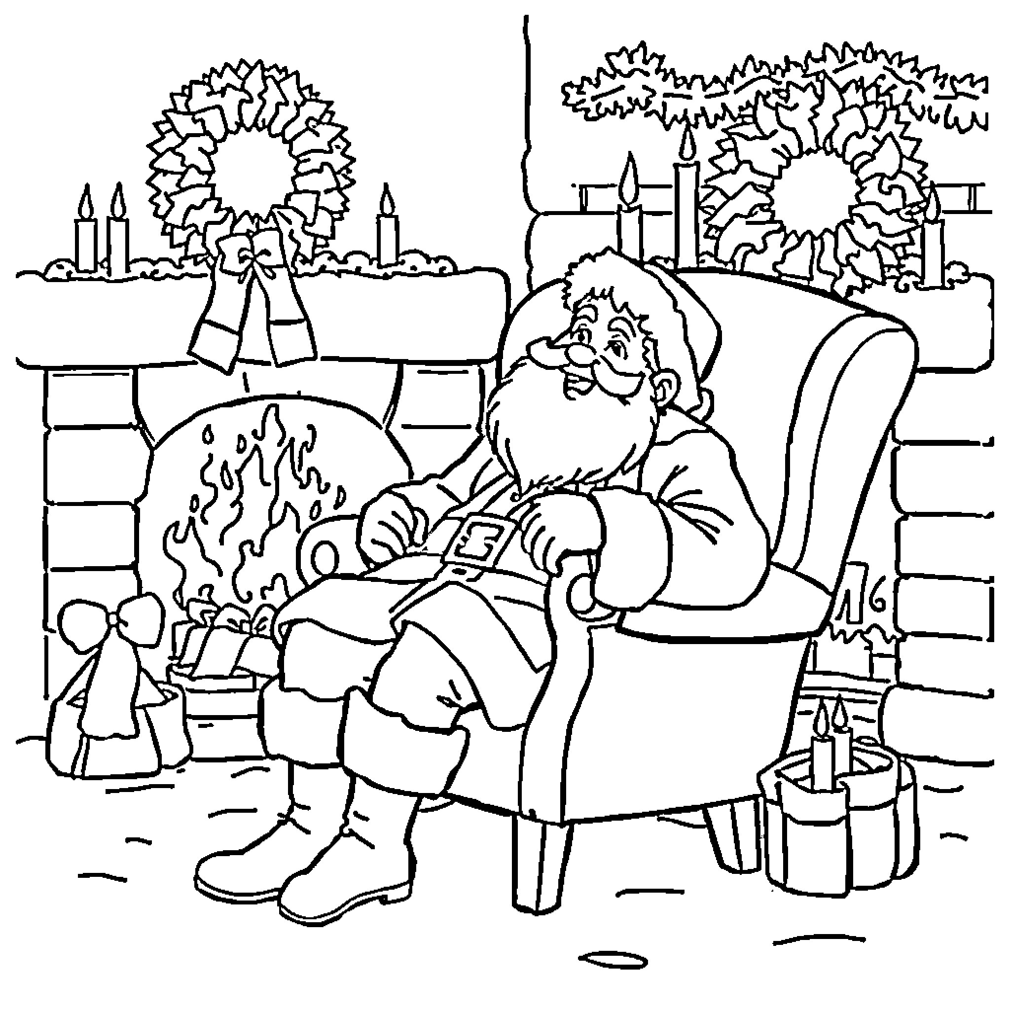 Père Noël relaxing by the fireplace Coloring Page (free black-and-white line drawing printable PDF for all, from beginners to advanced learners, including children, teens, adults, and seniors)