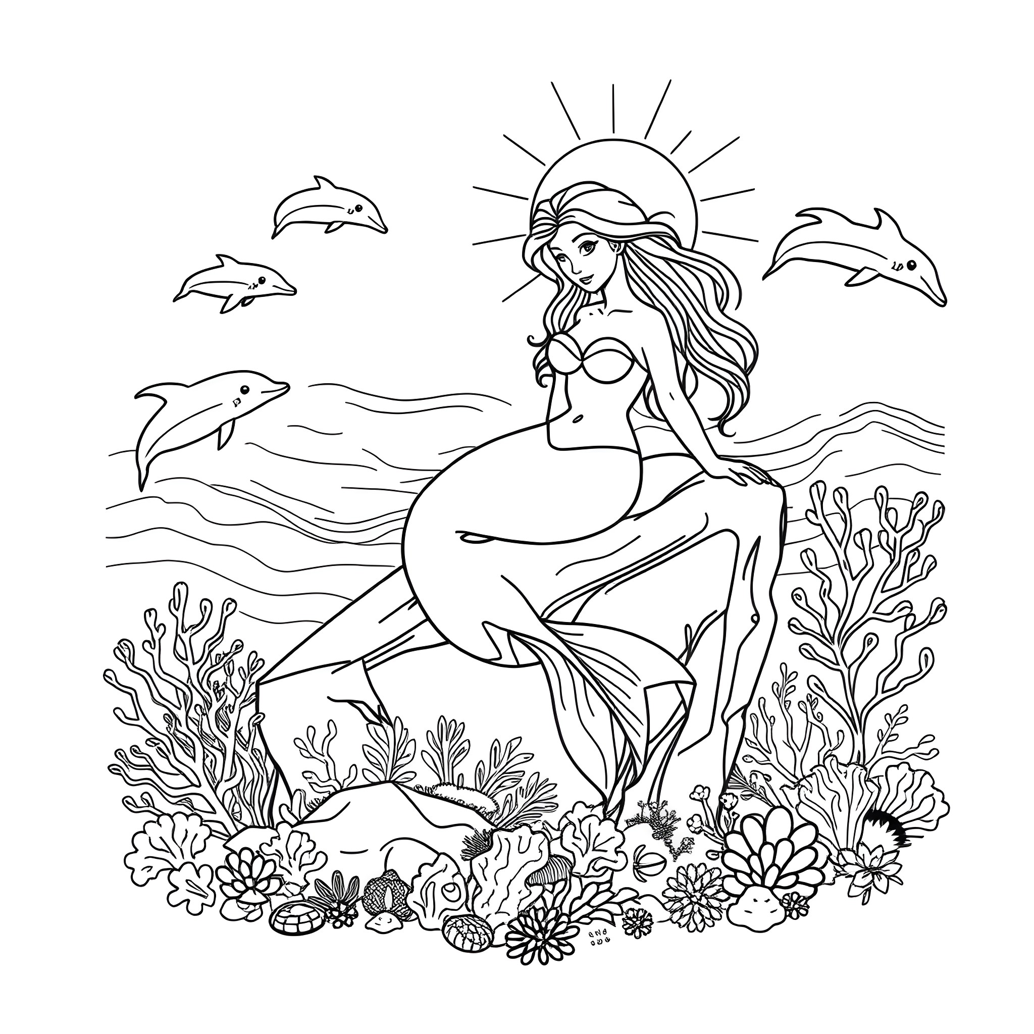 Mermaid swimming with dolphins in the ocean Coloring Page (free black-and-white line drawing printable PDF for all, from beginners to advanced learners, including children, teens, adults, and seniors)