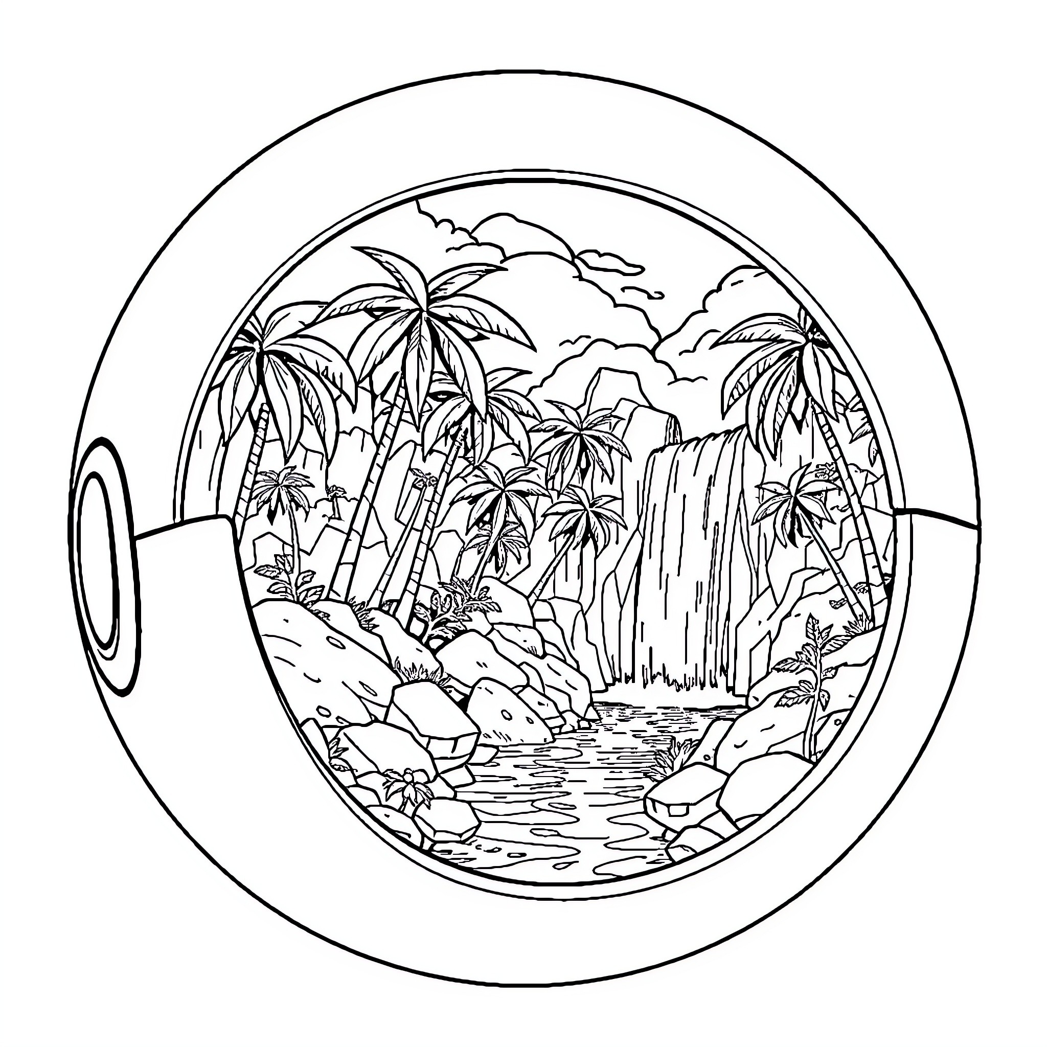 Pokeball depicting a tropical paradise Coloring Page (free black-and-white line drawing printable PDF for all, from beginners to advanced learners, including children, teens, adults, and seniors)