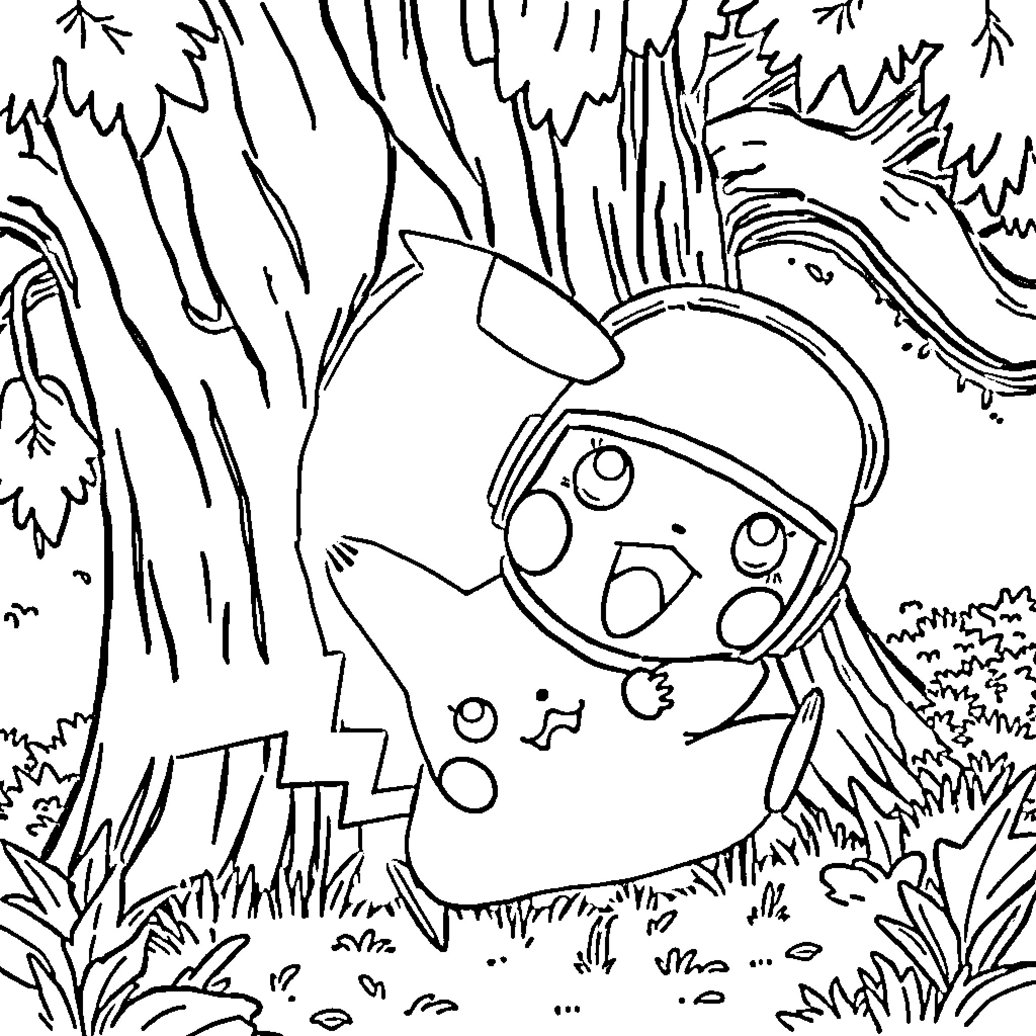 Pikachu hiding in the forest Coloring Page (free black-and-white line drawing printable PDF for all, from beginners to advanced learners, including children, teens, adults, and seniors)