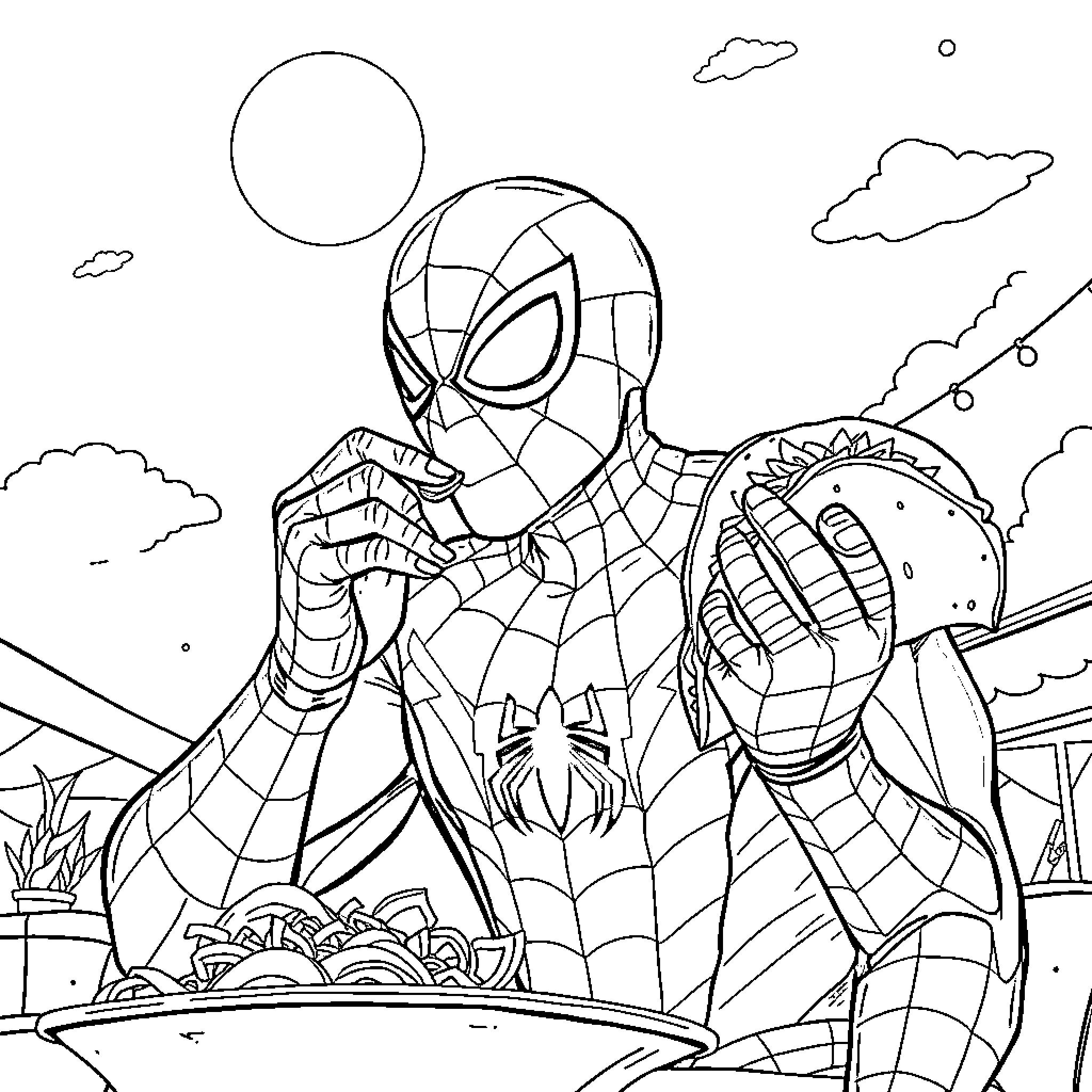 Spiderman swinging through the city in action pose Coloring Page (free black-and-white line drawing printable PDF for all, from beginners to advanced learners, including children, teens, adults, and seniors)