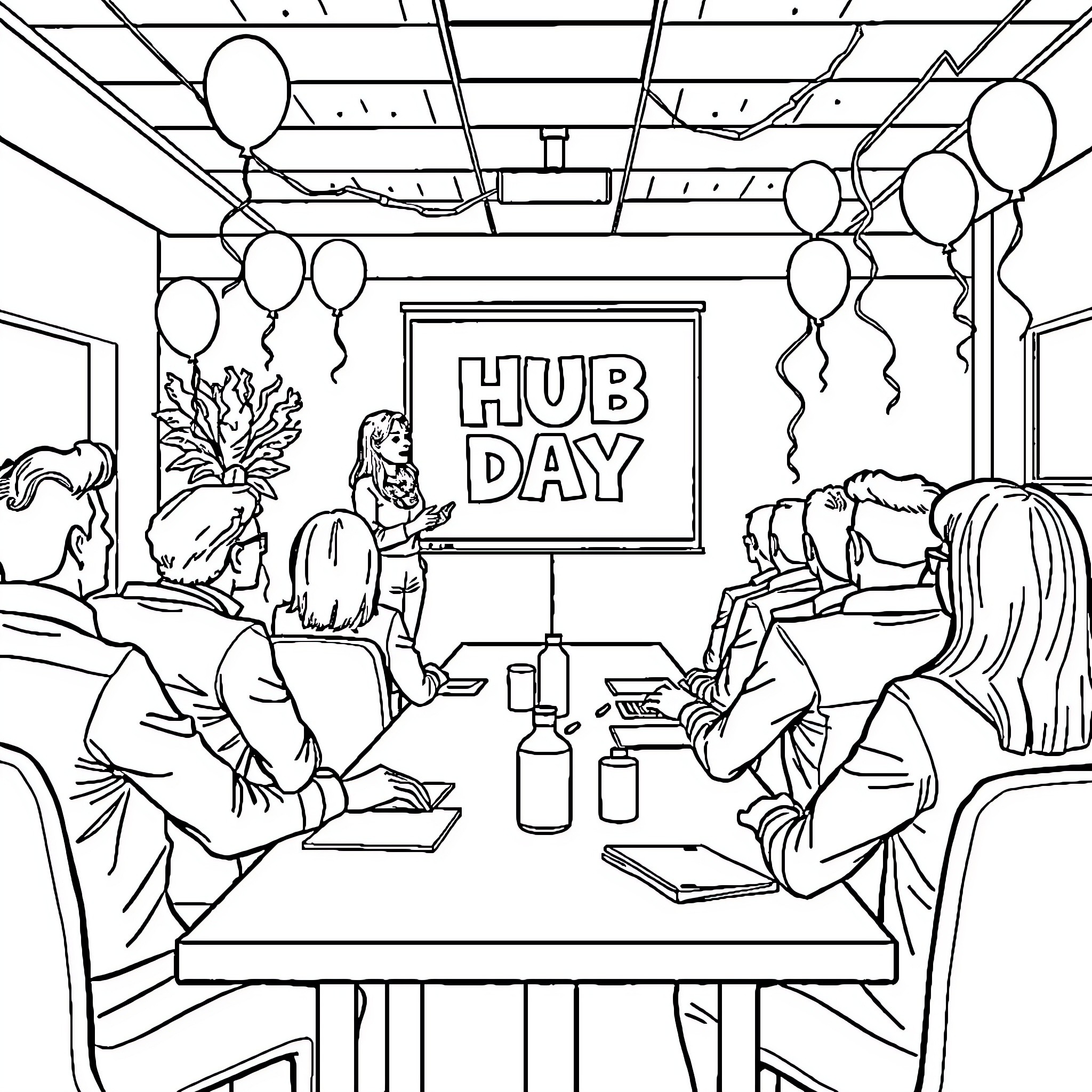 Office Workers Celebrating Hub Day Coloring Page (free black-and-white line drawing printable PDF for all, from beginners to advanced learners, including children, teens, adults, and seniors)