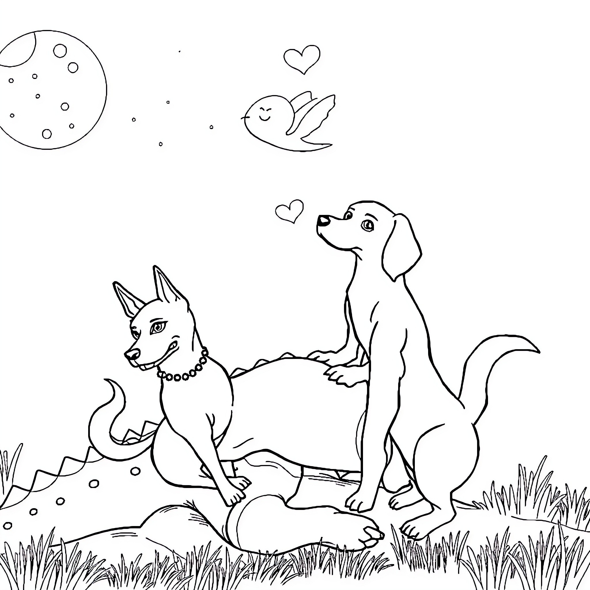 Dogs playing happily under the moon Coloring Page (free black-and-white line drawing printable PDF for all, from beginners to advanced learners, including children, teens, adults, and seniors)