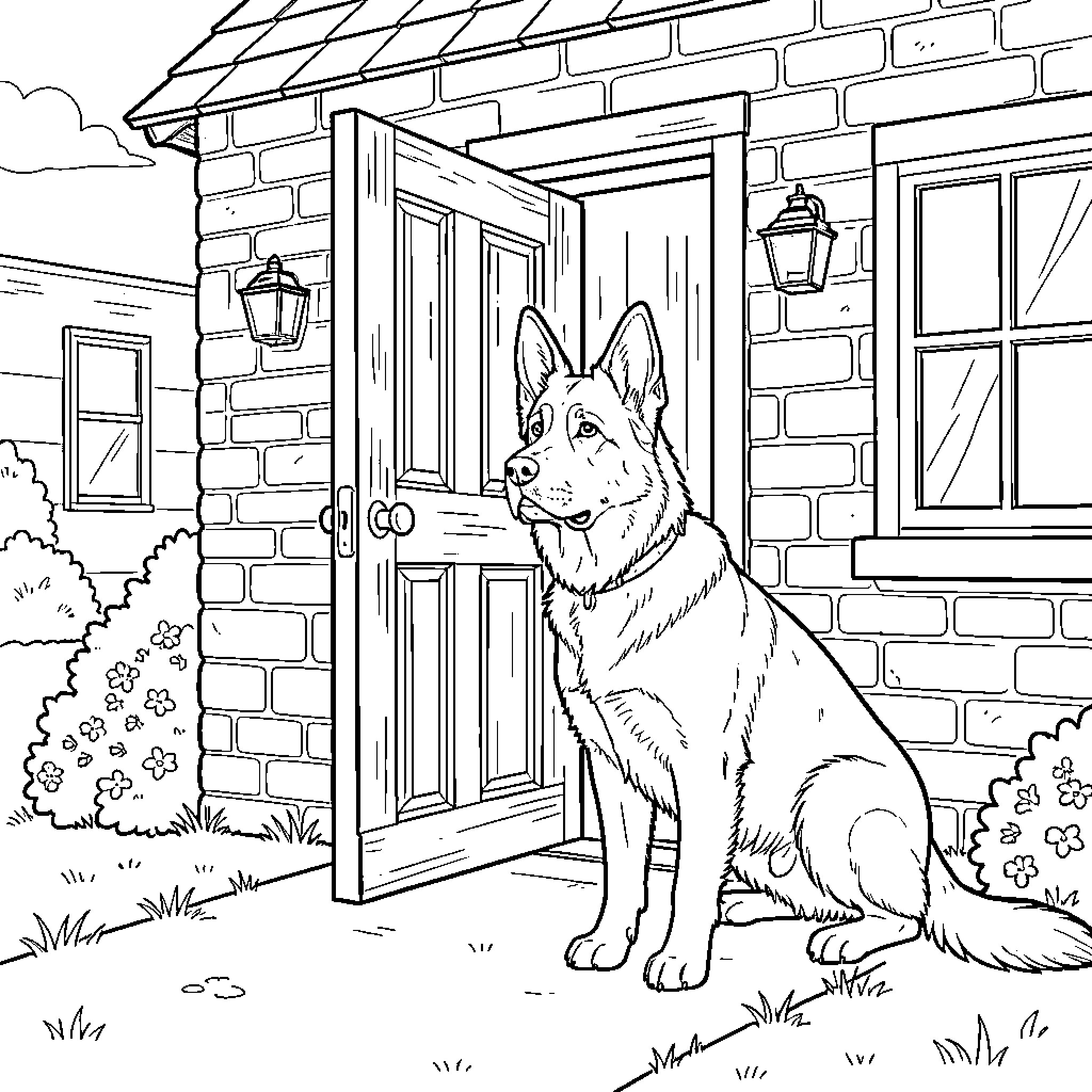German Shepherd sitting alertly in front of a house doorway Coloring Page (free black-and-white line drawing printable PDF for all, from beginners to advanced learners, including children, teens, adults, and seniors)