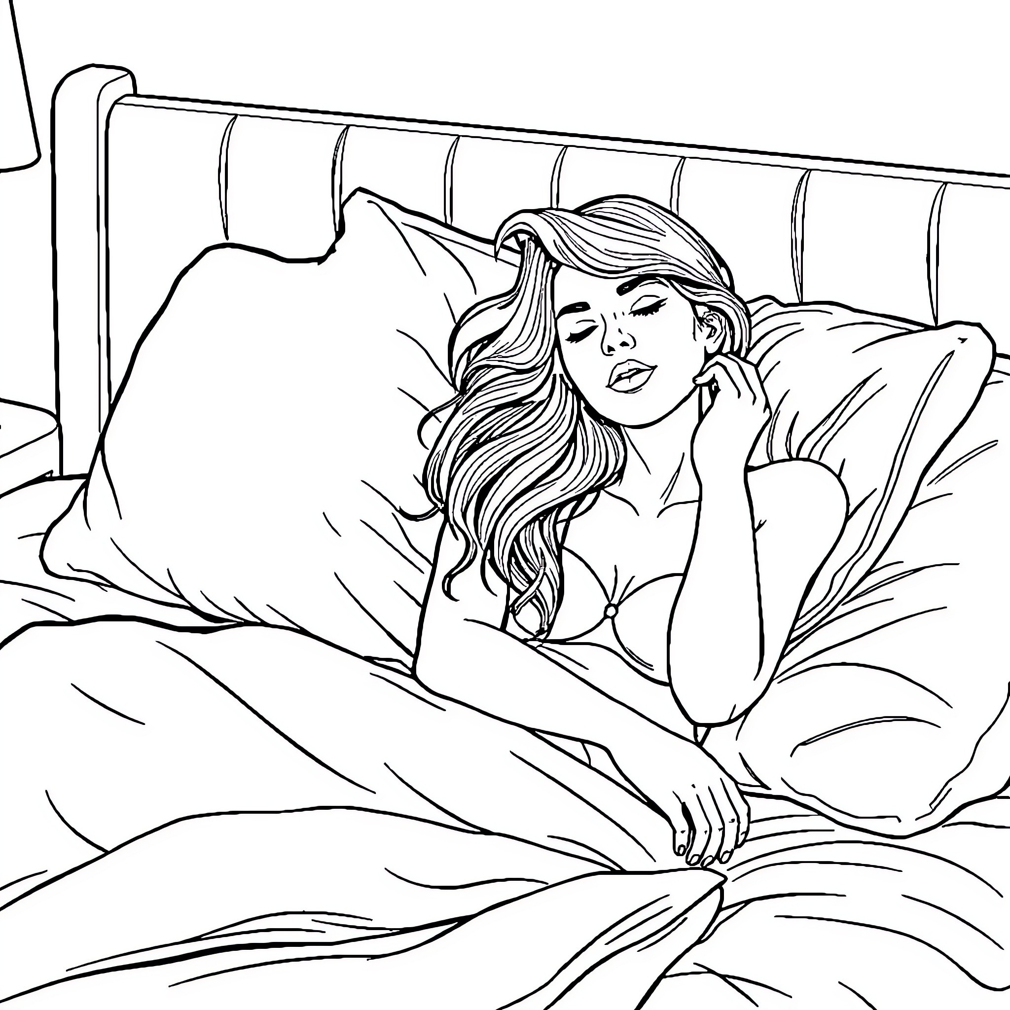 Wife Resting Peacefully on the Bed Coloring Page (free black-and-white line drawing printable PDF for all, from beginners to advanced learners, including children, teens, adults, and seniors)