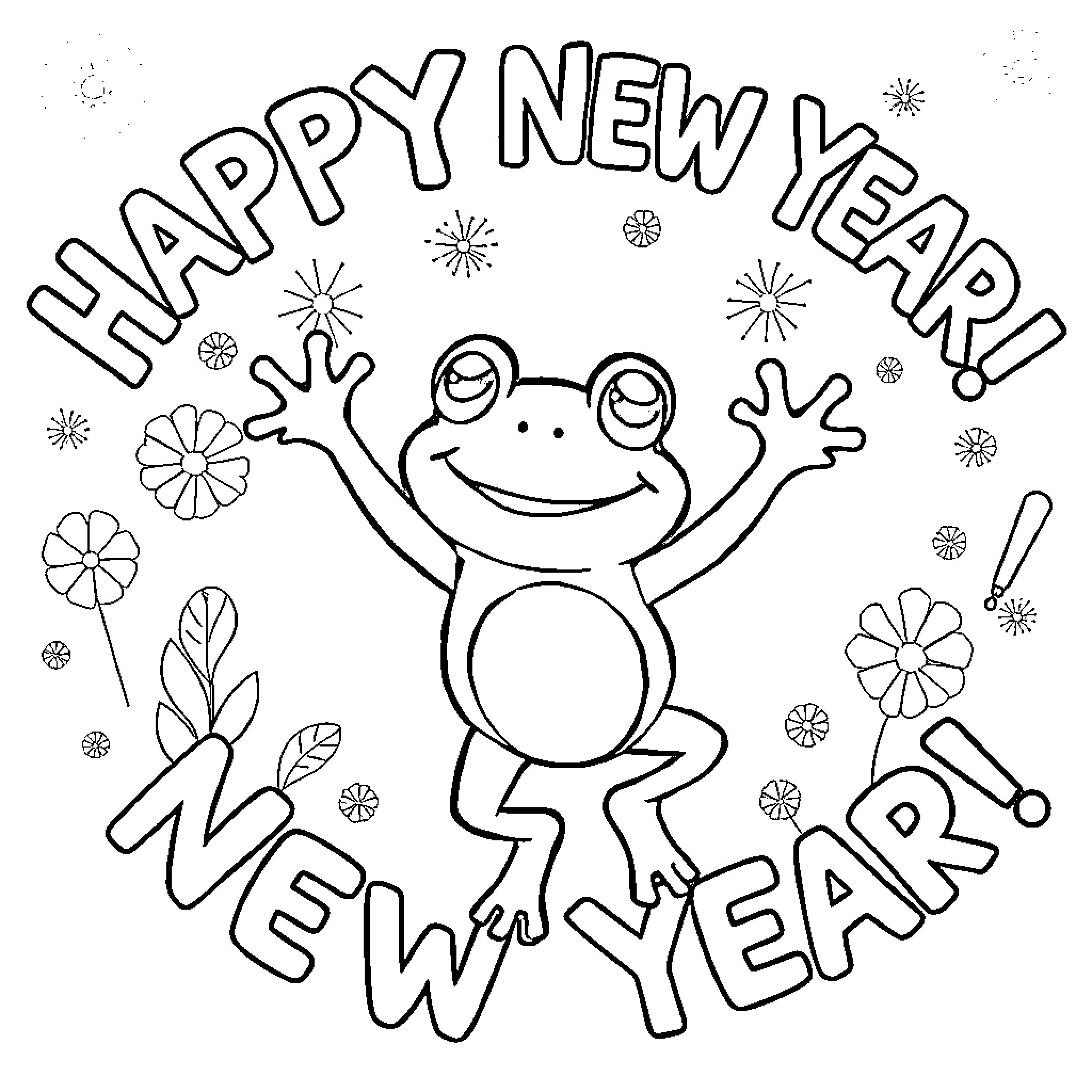 Frog celebrating Happy New Year Coloring Page (free black-and-white line drawing printable PDF for all, from beginners to advanced learners, including children, teens, adults, and seniors)