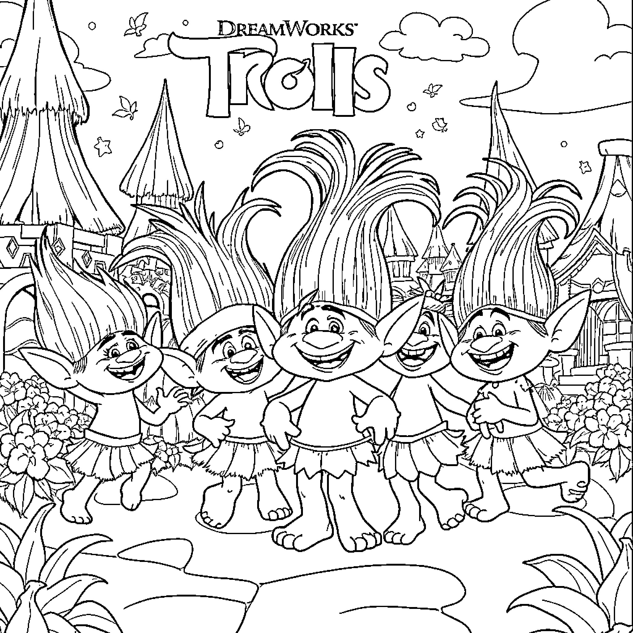 Troll characters in a whimsical, fantasy setting Coloring Page (free black-and-white line drawing printable PDF for all, from beginners to advanced learners, including children, teens, adults, and seniors)