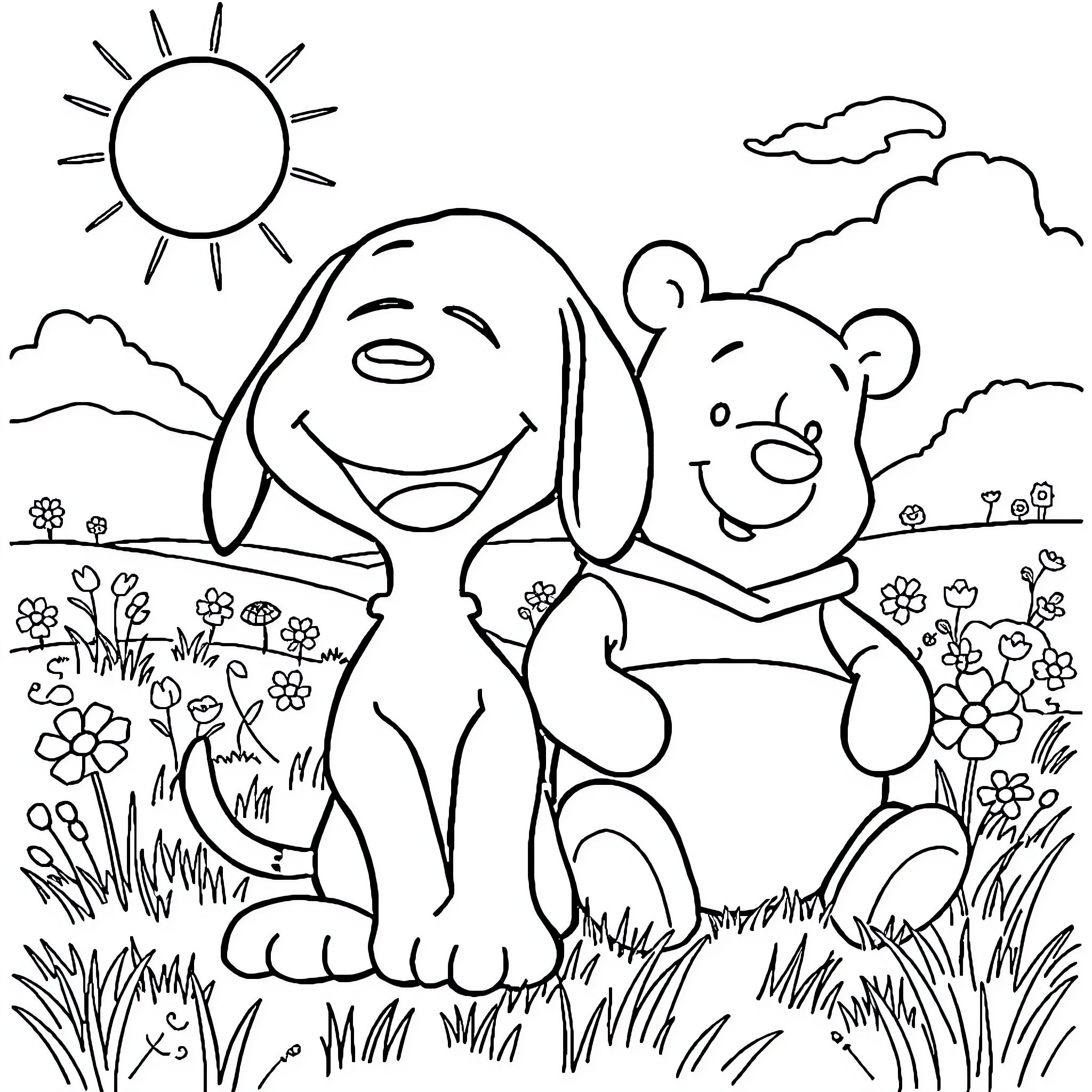Snoopy and Teddy Bear enjoying nature Coloring Page (free black-and-white line drawing printable PDF for all, from beginners to advanced learners, including children, teens, adults, and seniors)