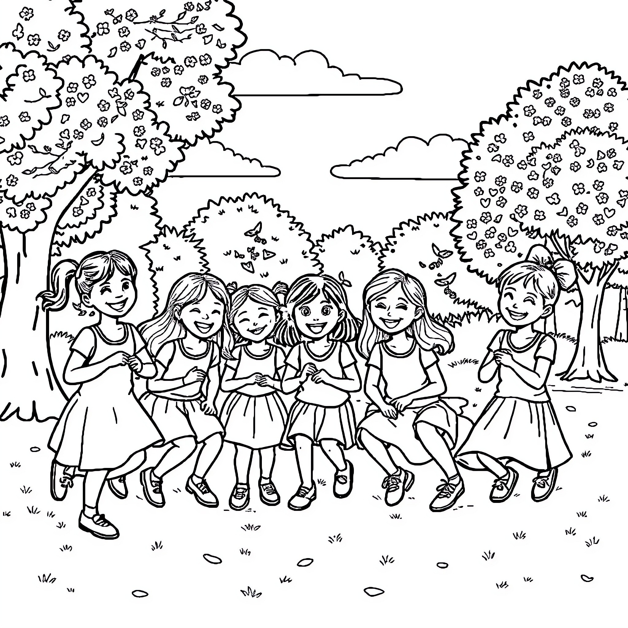 Girls enjoying a fun outdoor adventure Coloring Page (free black-and-white line drawing printable PDF for all, from beginners to advanced learners, including children, teens, adults, and seniors)