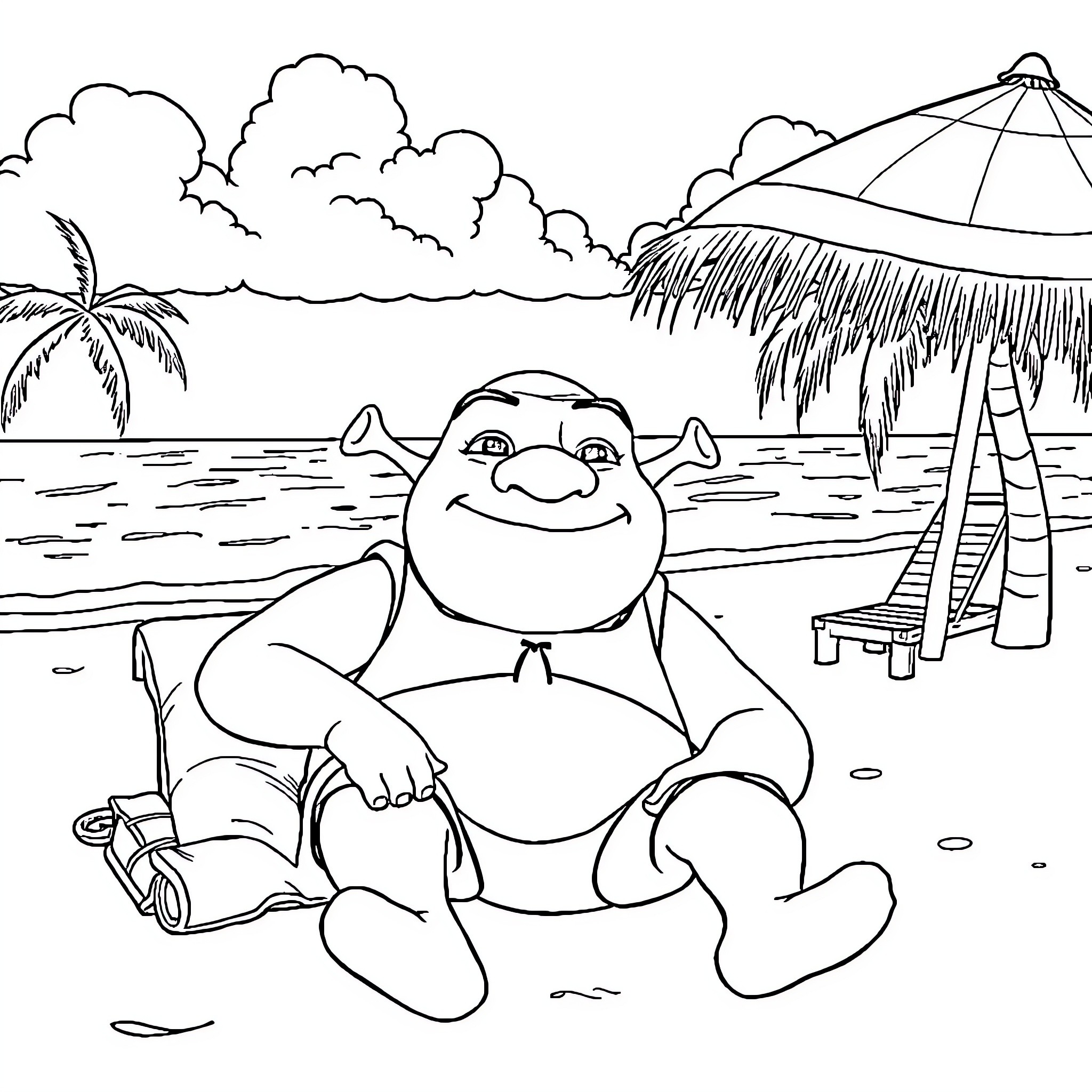 Shrek relaxing on a tropical beach Coloring Page (free black-and-white line drawing printable PDF for all, from beginners to advanced learners, including children, teens, adults, and seniors)