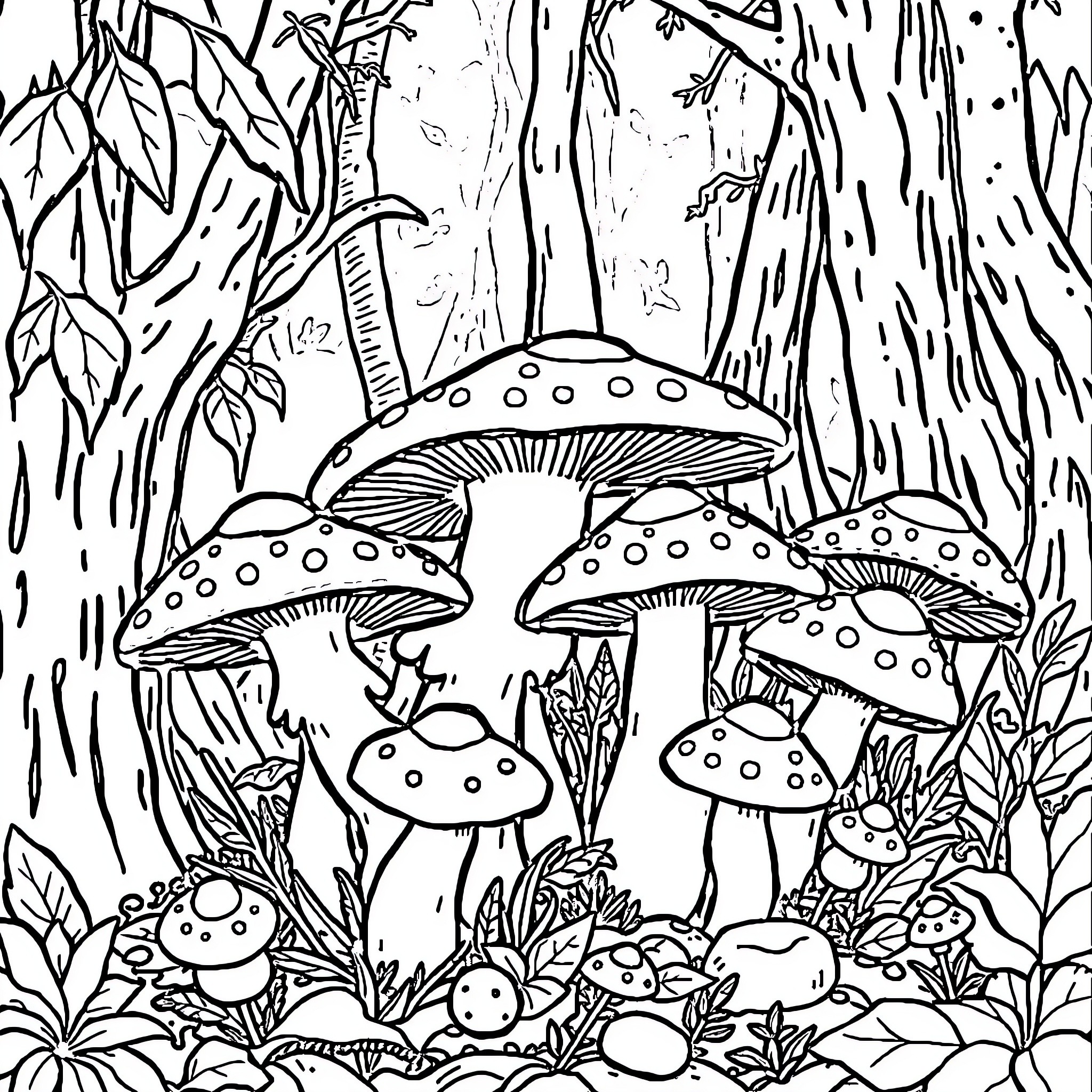 Mushroom Garden Sketch Coloring Page (free black-and-white line drawing printable PDF for all, from beginners to advanced learners, including children, teens, adults, and seniors)