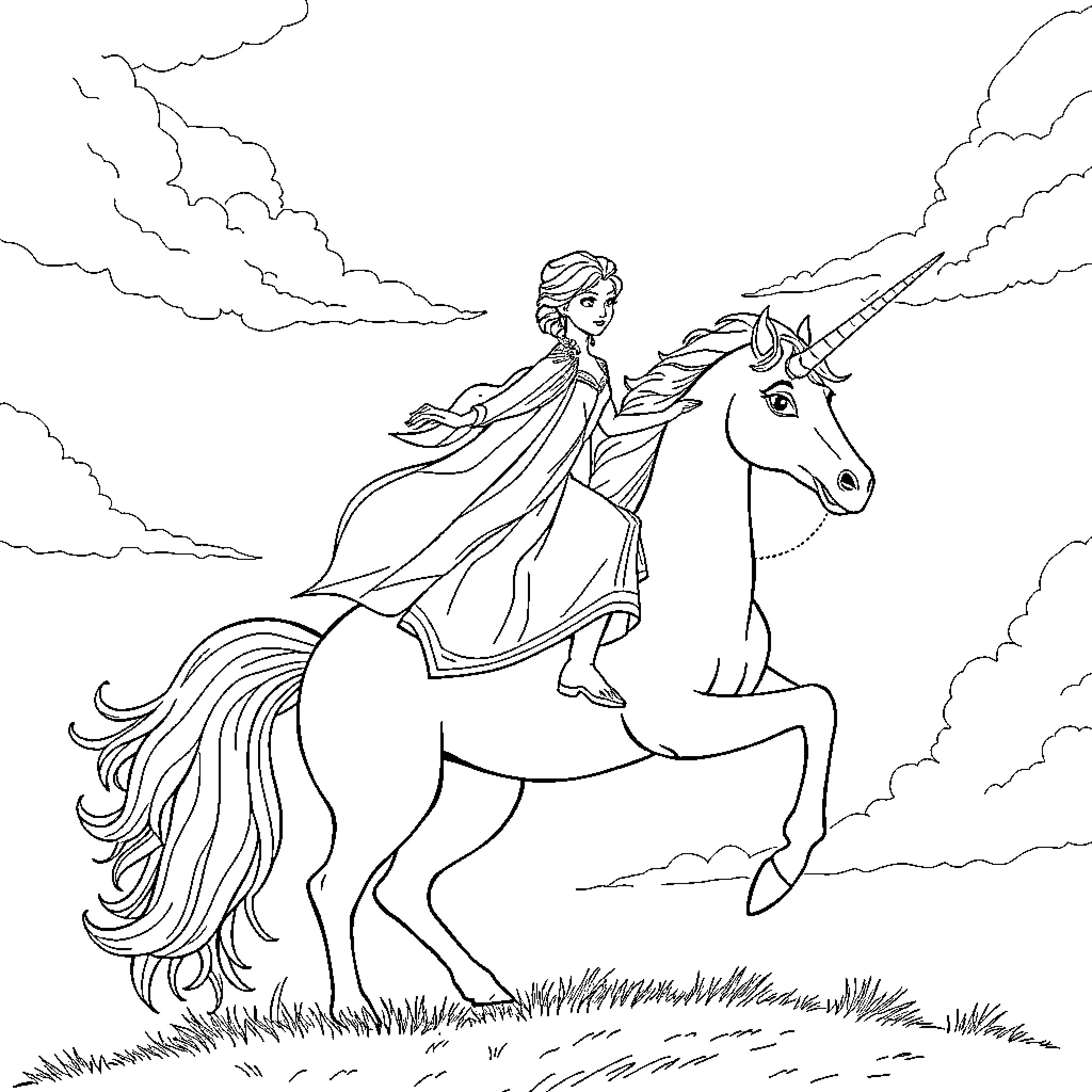 Elsa riding a magical unicorn through the sky Coloring Page (free black-and-white line drawing printable PDF for all, from beginners to advanced learners, including children, teens, adults, and seniors)