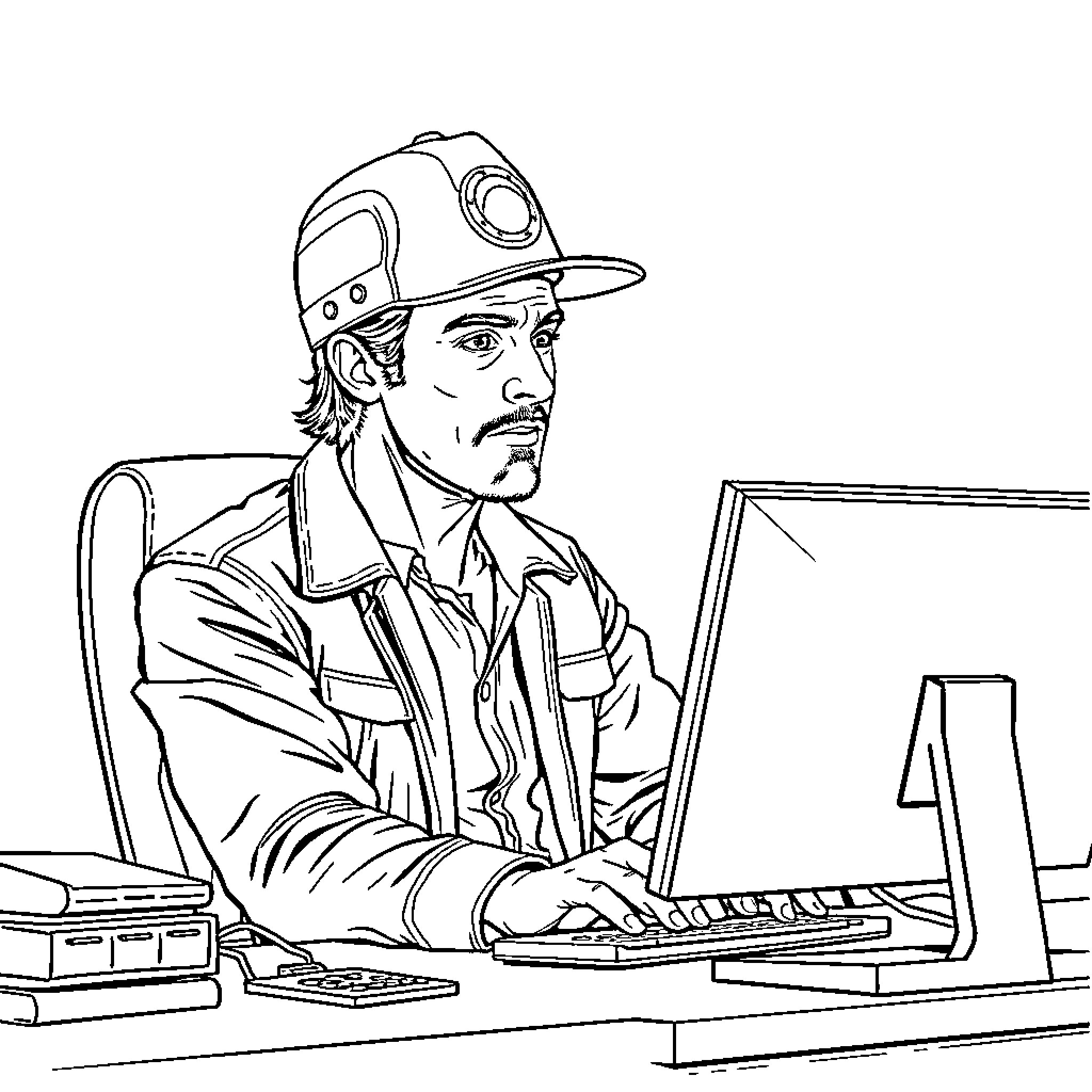 Benjamin Cumberbatch in focused computer work attire Coloring Page (free black-and-white line drawing printable PDF for all, from beginners to advanced learners, including children, teens, adults, and seniors)