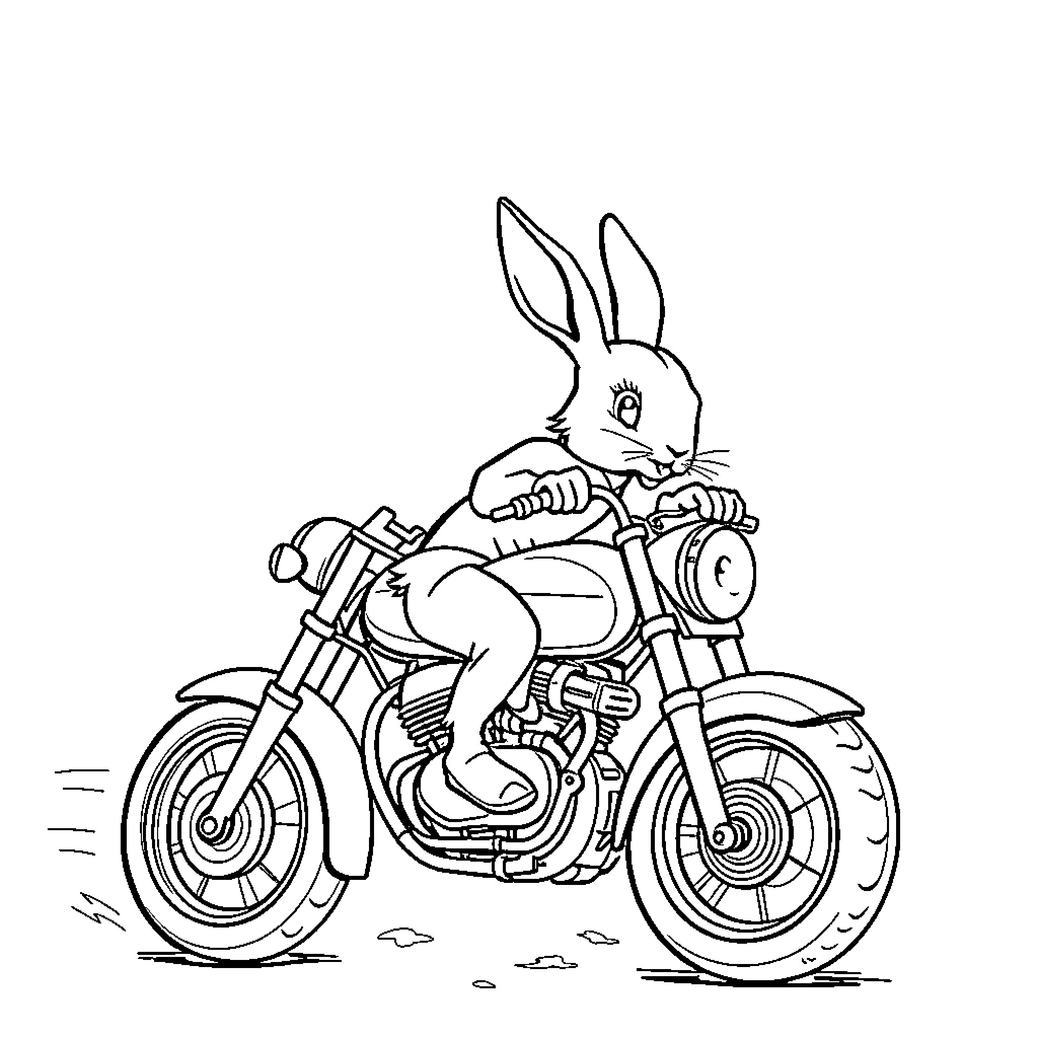 Lapin riding motorcycle on the road Coloring Page (free black-and-white line drawing printable PDF for all, from beginners to advanced learners, including children, teens, adults, and seniors)