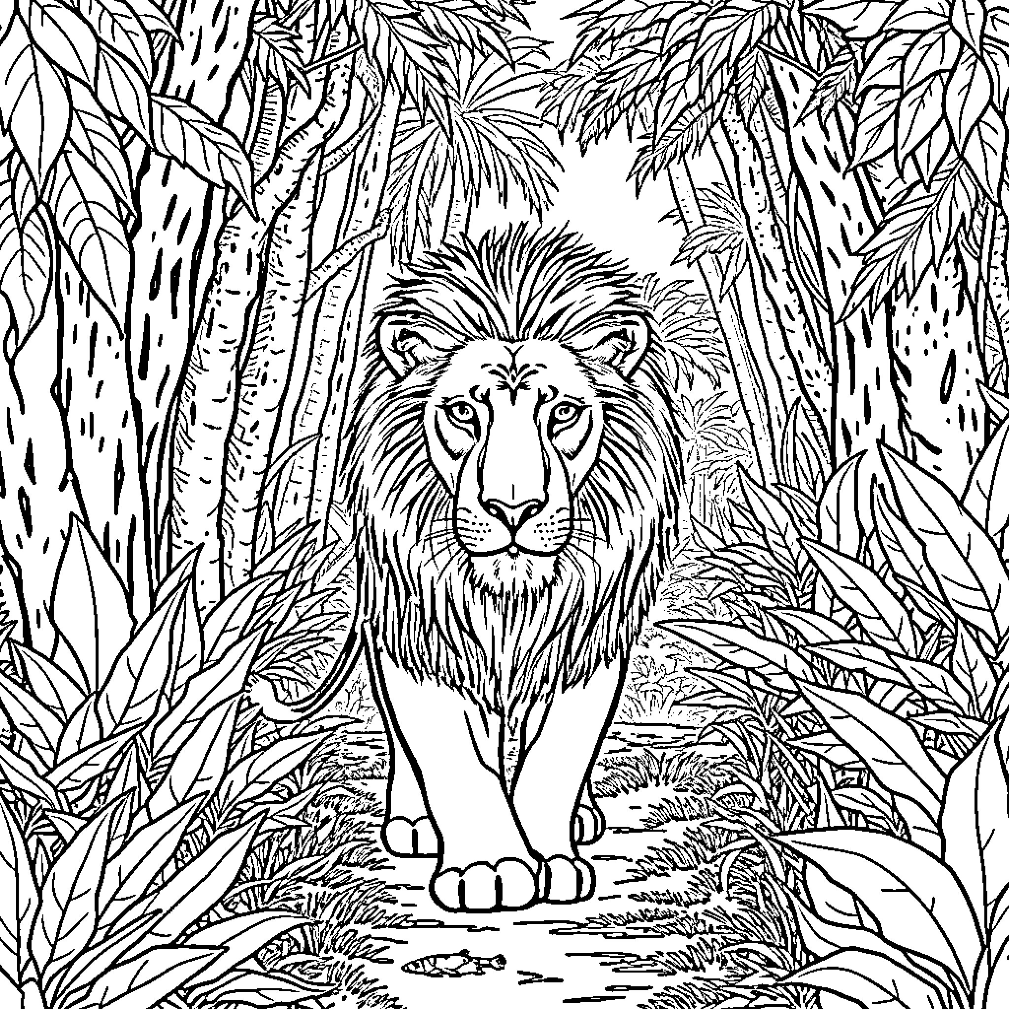 Lion in the Lush Jungle Coloring Page (free black-and-white line drawing printable PDF for all, from beginners to advanced learners, including children, teens, adults, and seniors)