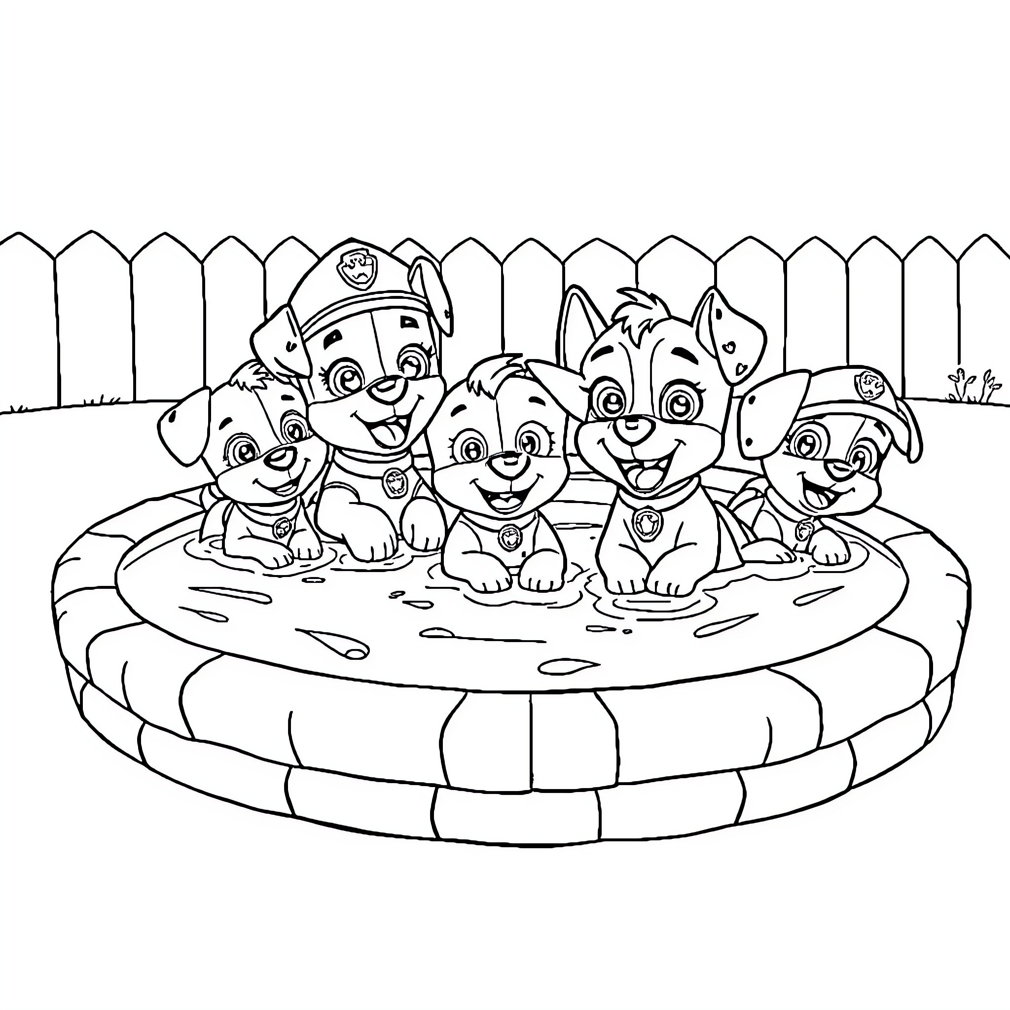 Paw Patrol pups playing in a kiddie pool Coloring Page (free black-and-white line drawing printable PDF for all, from beginners to advanced learners, including children, teens, adults, and seniors)
