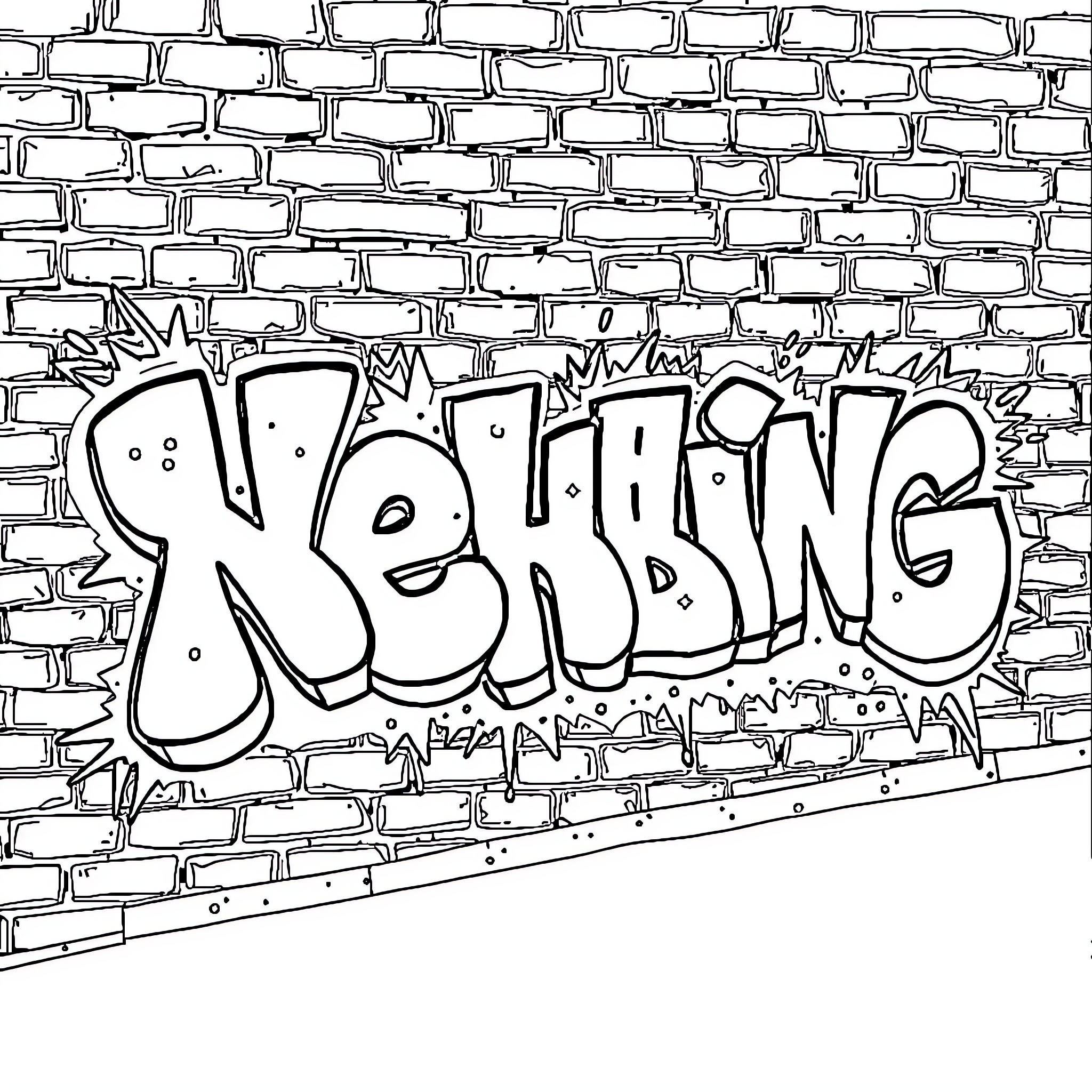 Graffiti of Yelling on a Brick Wall Coloring Page (free black-and-white line drawing printable PDF for all, from beginners to advanced learners, including children, teens, adults, and seniors)