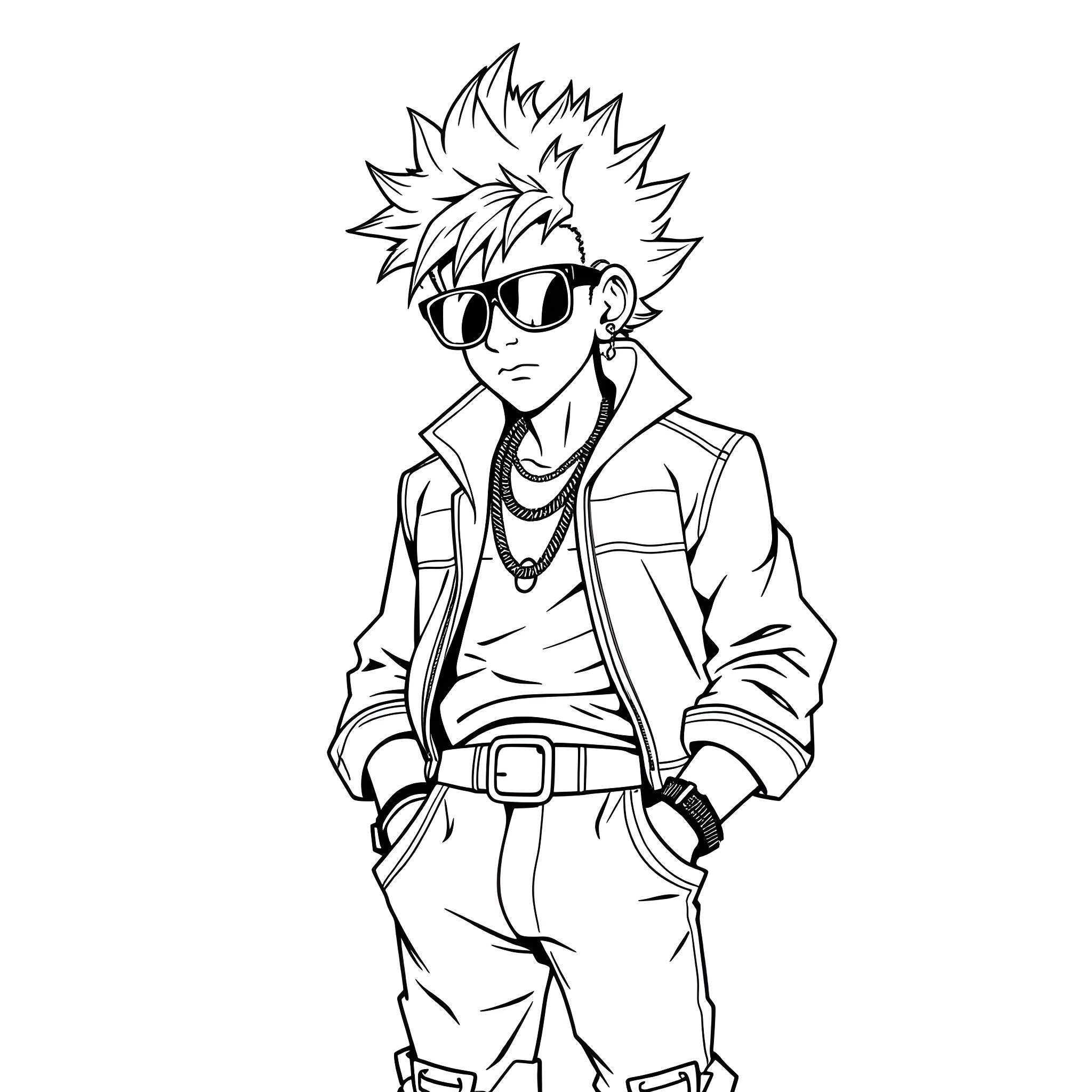 Spike Spiegel in a confident and stylish pose Coloring Page (free black-and-white line drawing printable PDF for all, from beginners to advanced learners, including children, teens, adults, and seniors)