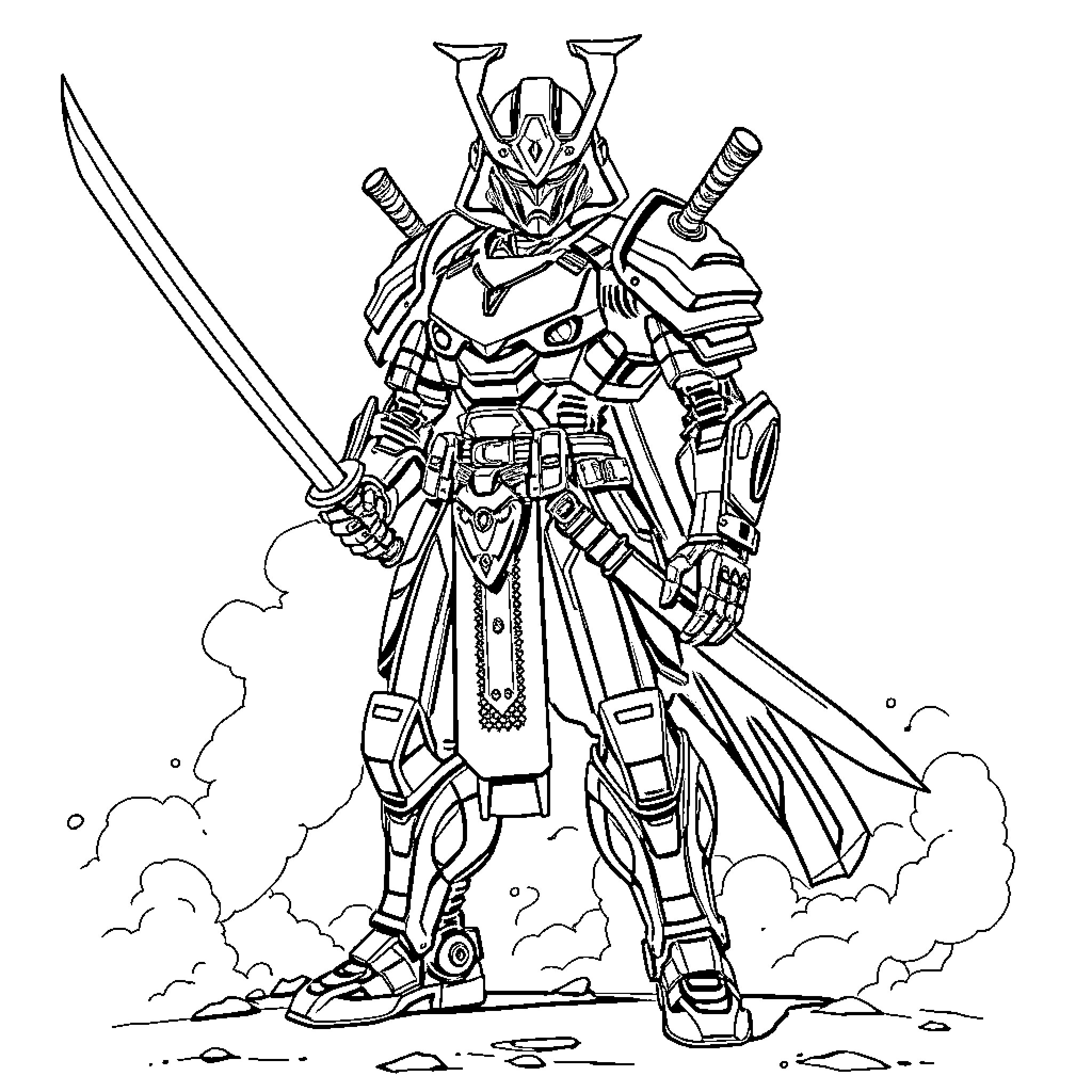 Robot Samurai in Heroic Pose with Sword Coloring Page (free black-and-white line drawing printable PDF for all, from beginners to advanced learners, including children, teens, adults, and seniors)