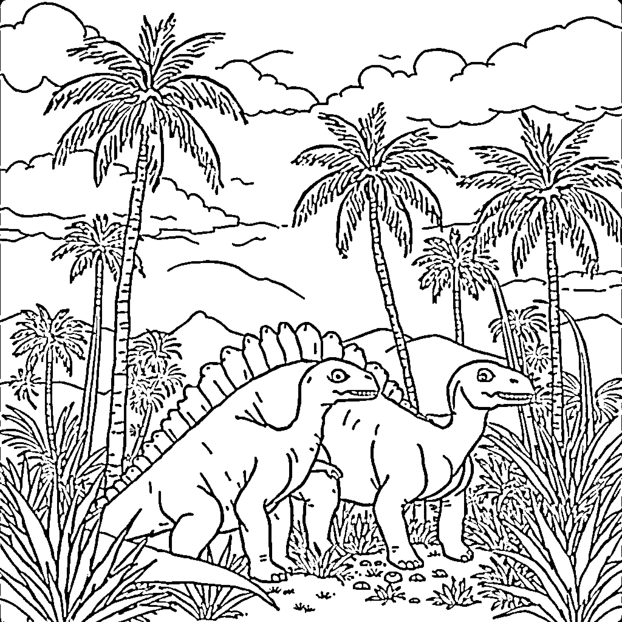 Dinosaurs exploring tropical landscape Coloring Page (free black-and-white line drawing printable PDF for all, from beginners to advanced learners, including children, teens, adults, and seniors)