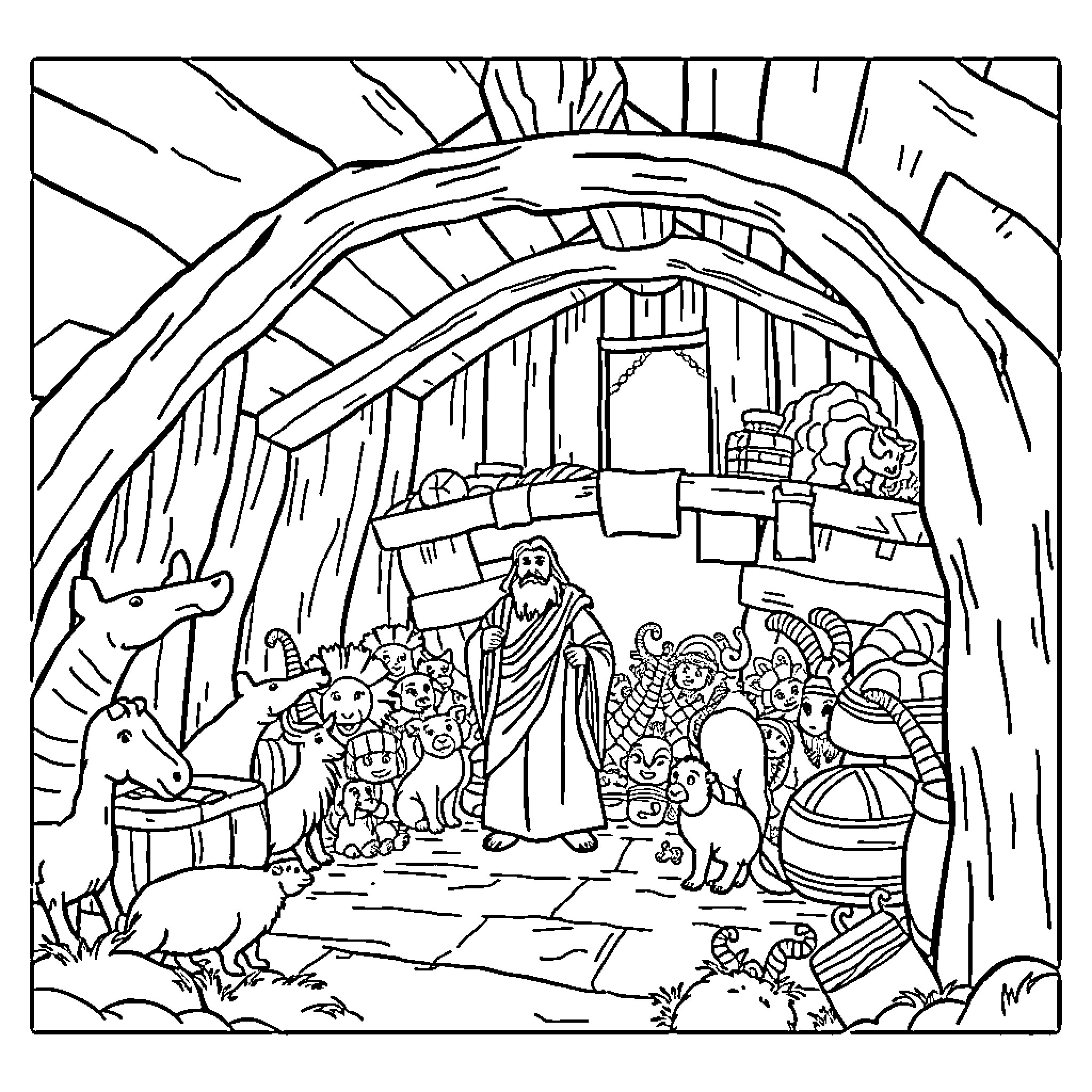 Noah's Ark Welcoming the Animals Coloring Page (free black-and-white line drawing printable PDF for all, from beginners to advanced learners, including children, teens, adults, and seniors)