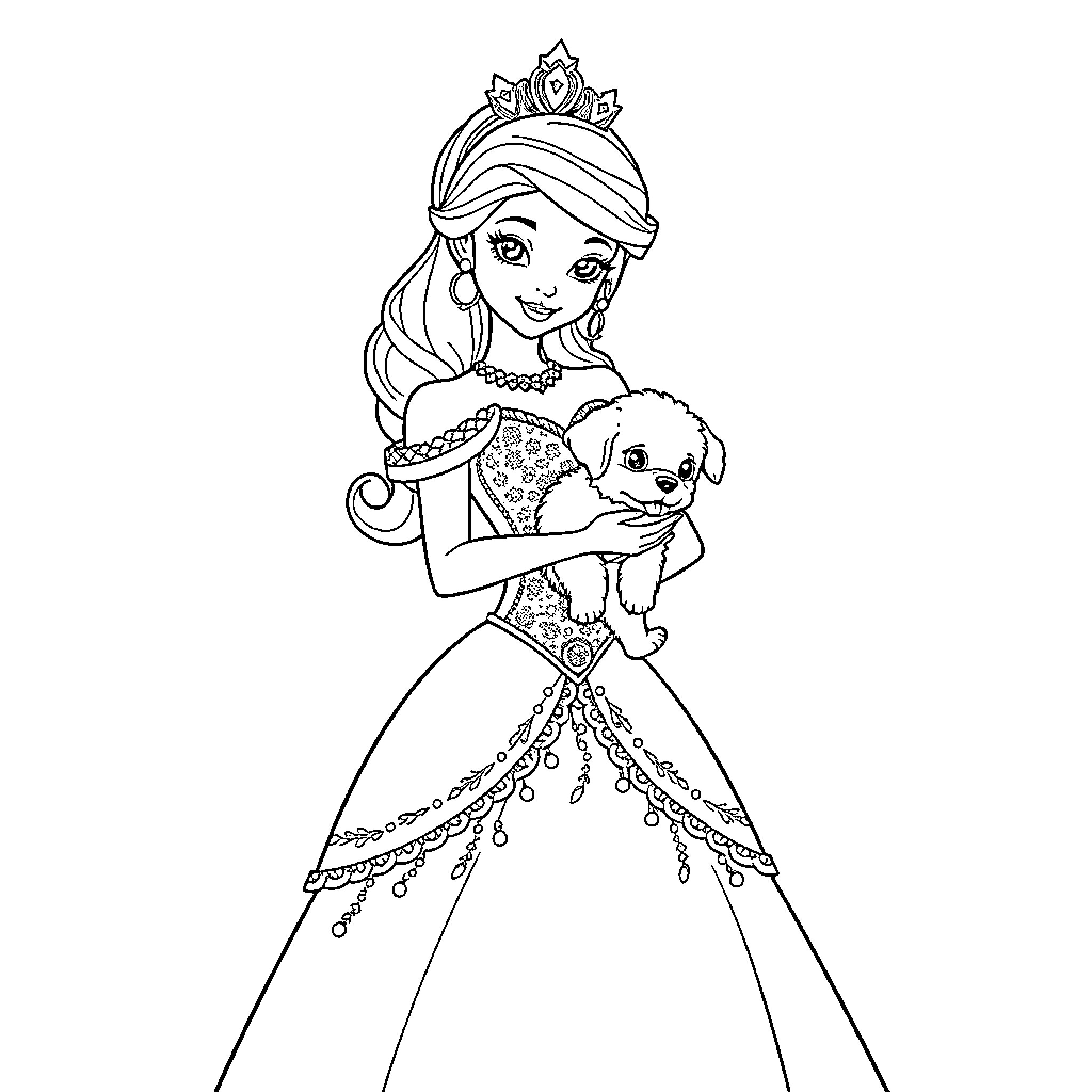 Princess Holding Her Treasured Pet Coloring Page (free black-and-white line drawing printable PDF for all, from beginners to advanced learners, including children, teens, adults, and seniors)