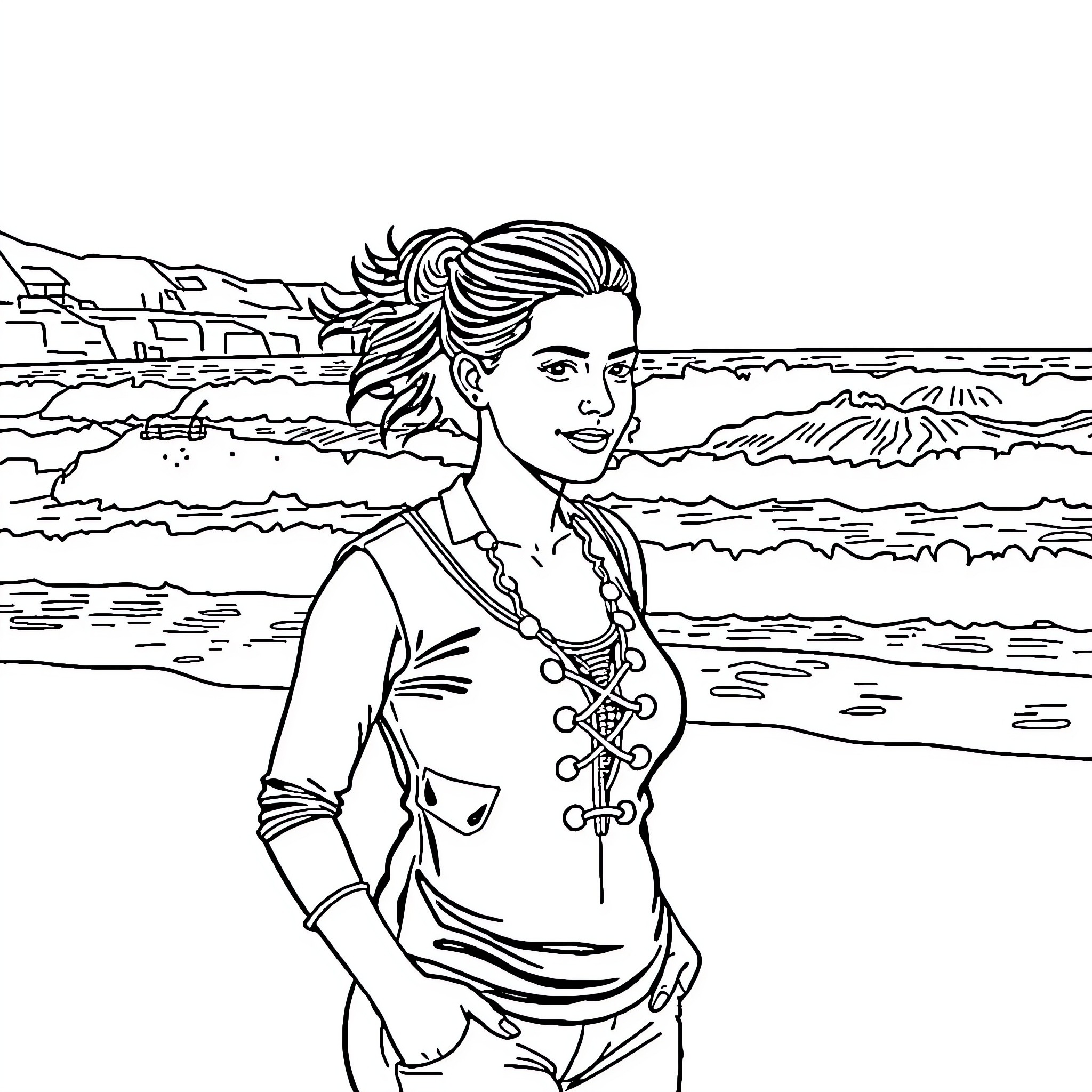 Chiropractor Examines Patient at Scenic Coastline Coloring Page (free black-and-white line drawing printable PDF for all, from beginners to advanced learners, including children, teens, adults, and seniors)