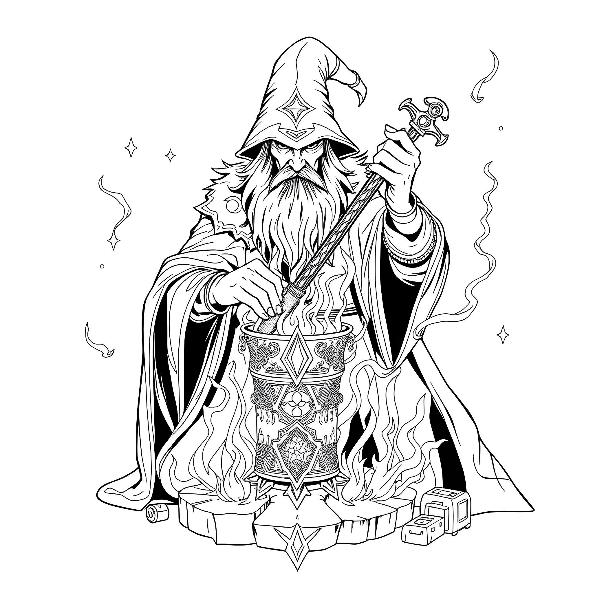 Warlock casting a powerful spell with arcane energy Coloring Page (free black-and-white line drawing printable PDF for all, from beginners to advanced learners, including children, teens, adults, and seniors)