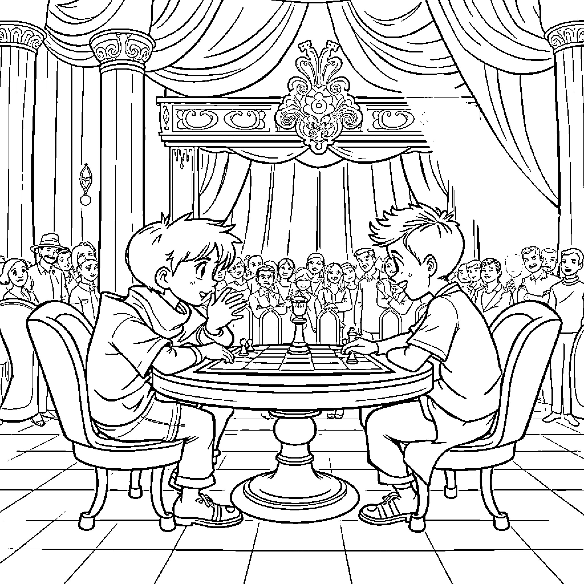 Chess game in a grand hall with audience Coloring Page (free black-and-white line drawing printable PDF for all, from beginners to advanced learners, including children, teens, adults, and seniors)