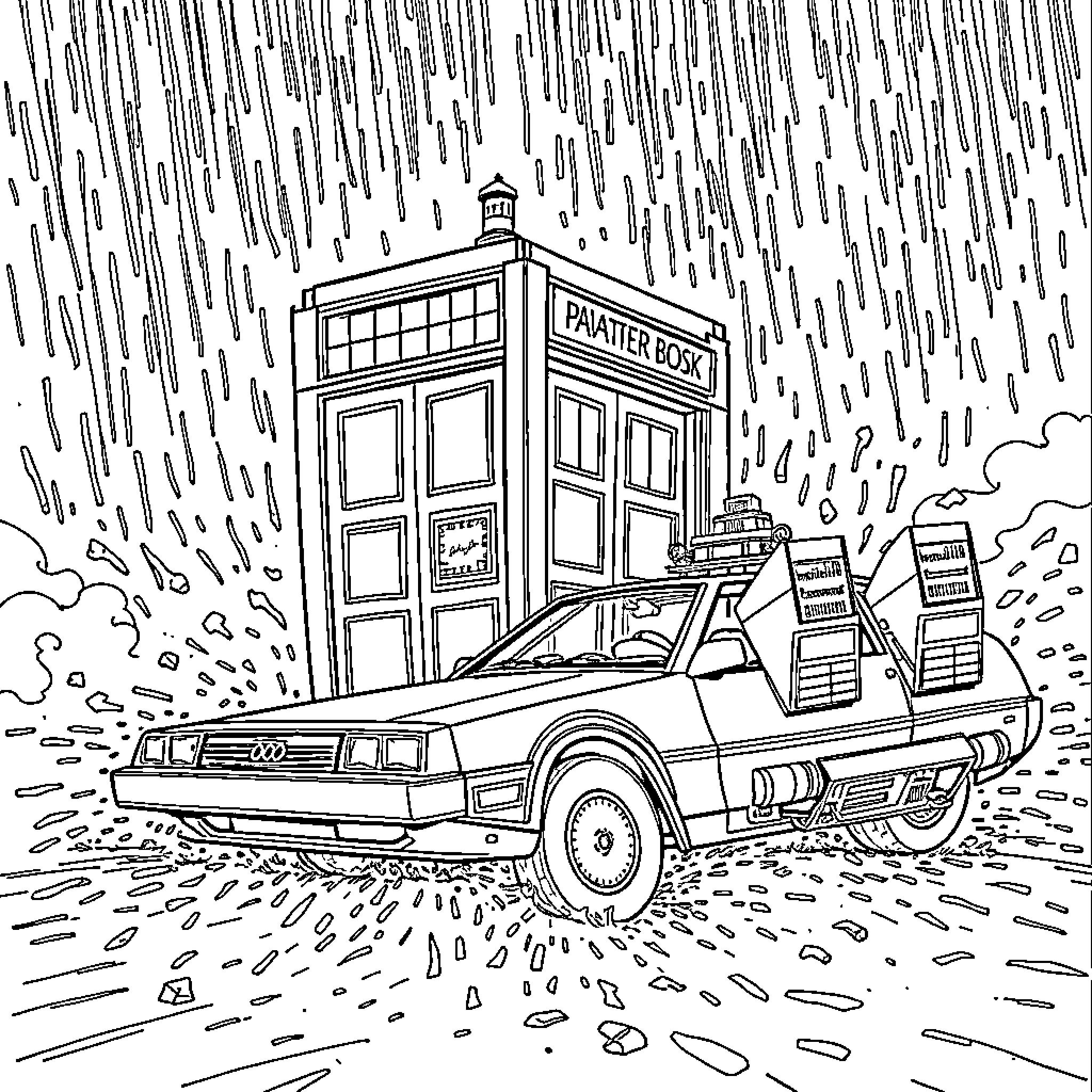 TARDIS and DeLorean time machine in the rain Coloring Page (free black-and-white line drawing printable PDF for all, from beginners to advanced learners, including children, teens, adults, and seniors)