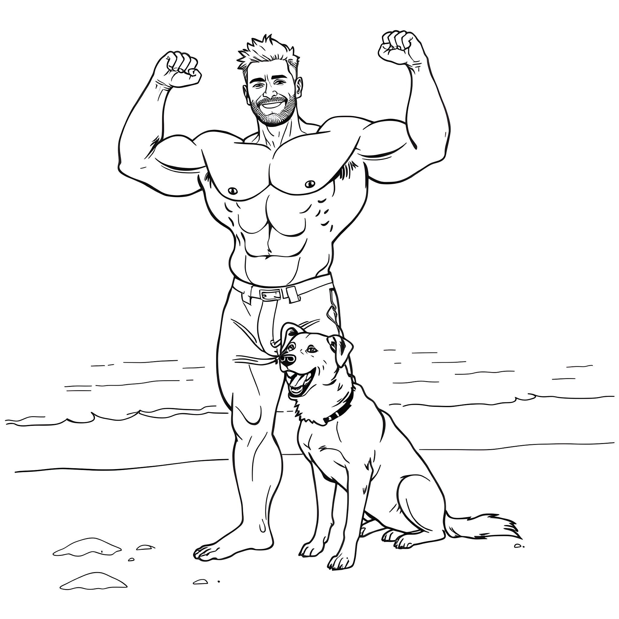 Man with muscular physique flexing with happy dog companion Coloring Page (free black-and-white line drawing printable PDF for all, from beginners to advanced learners, including children, teens, adults, and seniors)