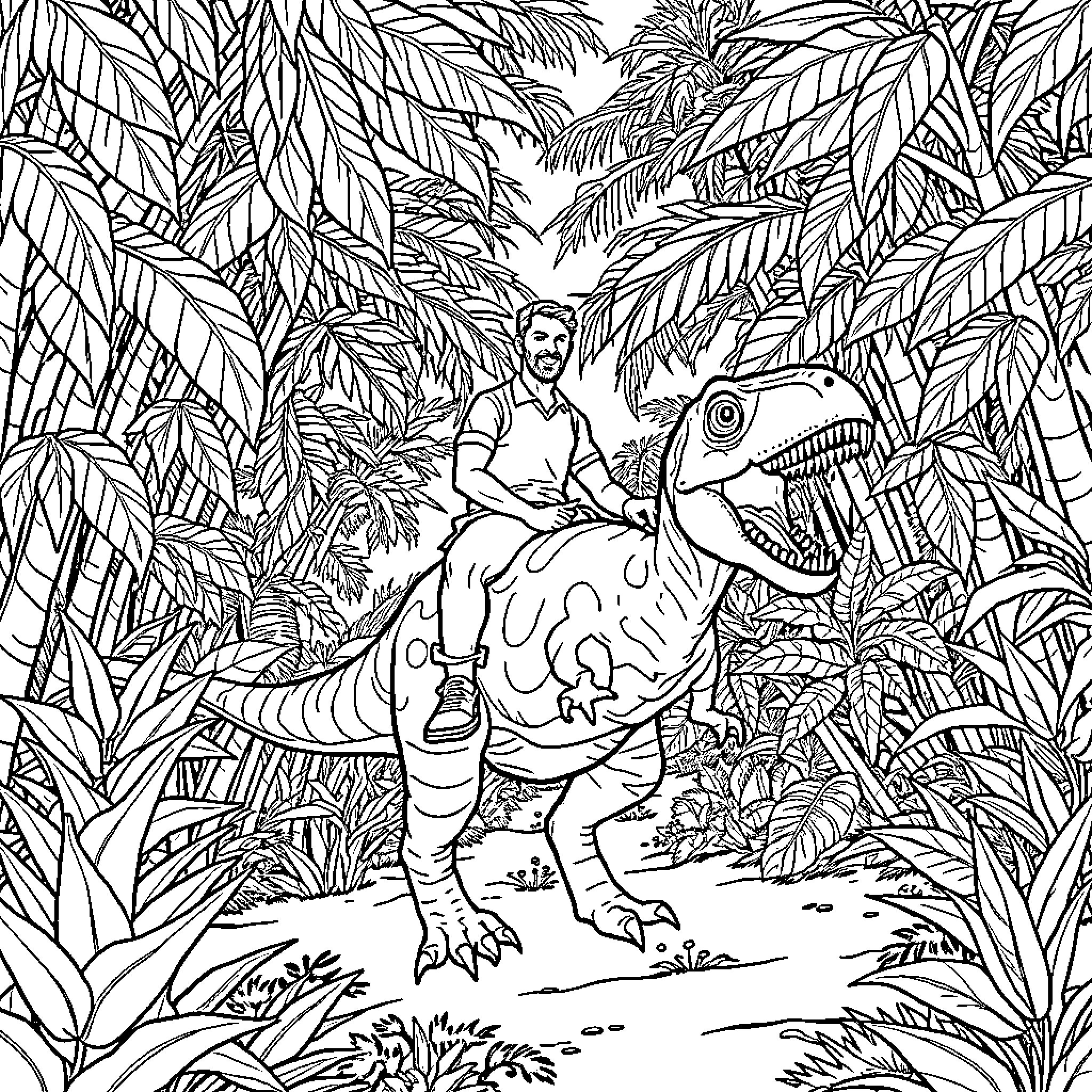 Man riding a dinosaur in a tropical jungle Coloring Page (free black-and-white line drawing printable PDF for all, from beginners to advanced learners, including children, teens, adults, and seniors)