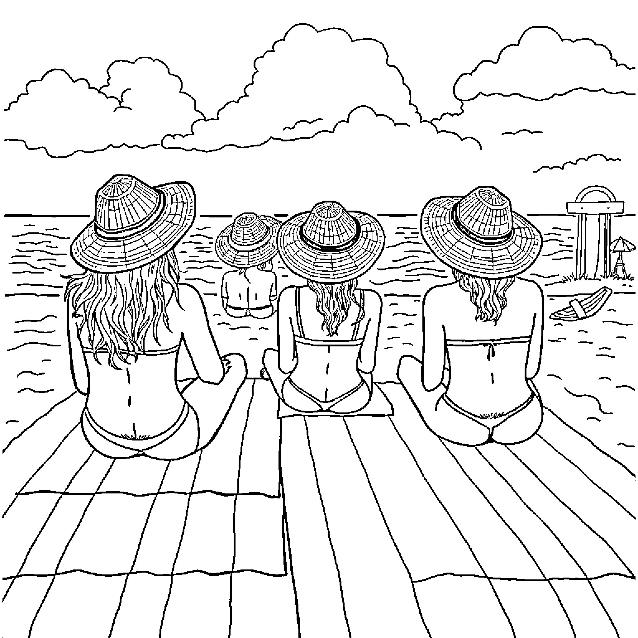 Butts on the Beach with Sun Hats Coloring Page (free black-and-white line drawing printable PDF for all, from beginners to advanced learners, including children, teens, adults, and seniors)
