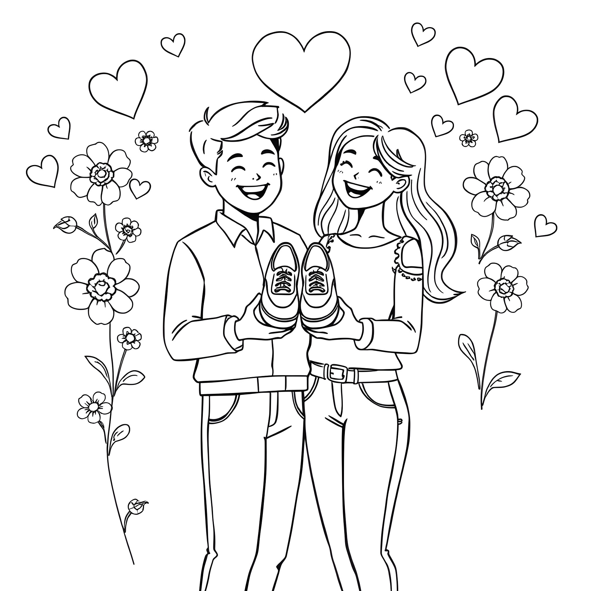 Pregnancy announcement with happy couple Coloring Page (free black-and-white line drawing printable PDF for all, from beginners to advanced learners, including children, teens, adults, and seniors)