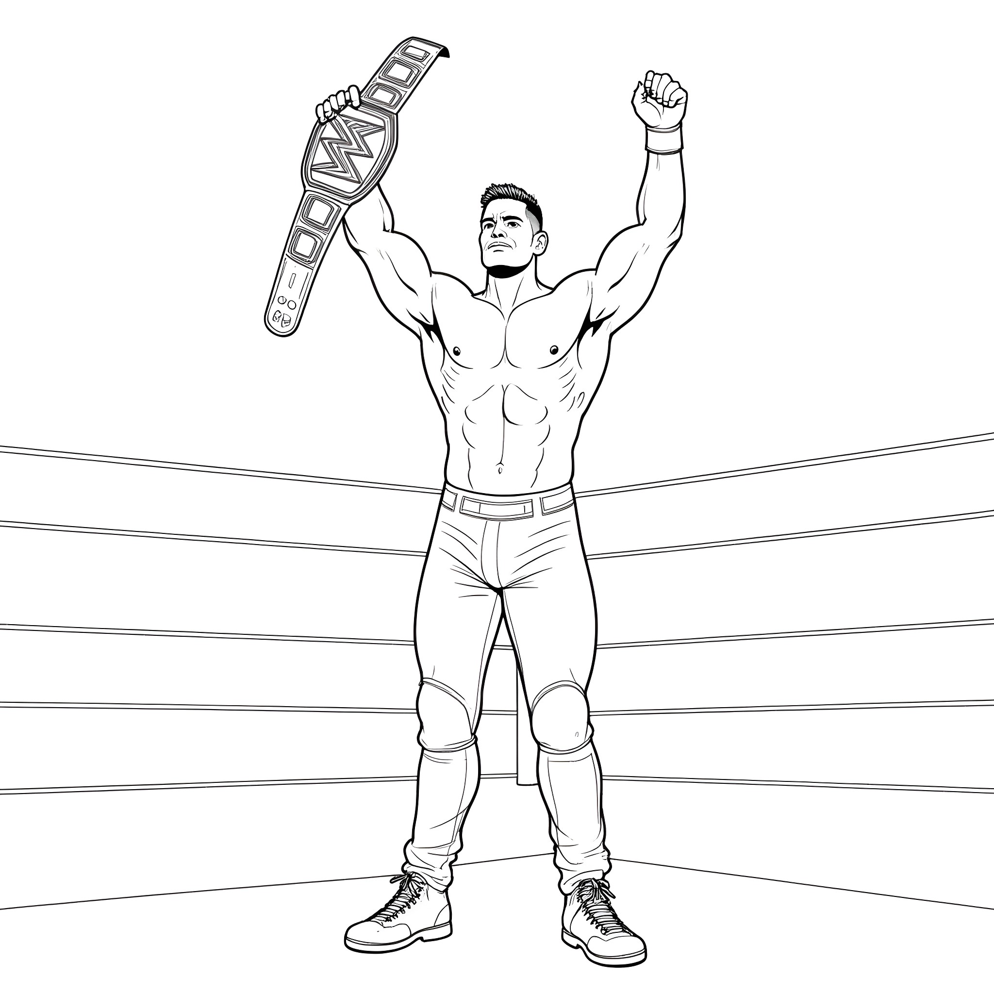 John Cena Celebrating Victory in the Wrestling Ring Coloring Page (free black-and-white line drawing printable PDF for all, from beginners to advanced learners, including children, teens, adults, and seniors)