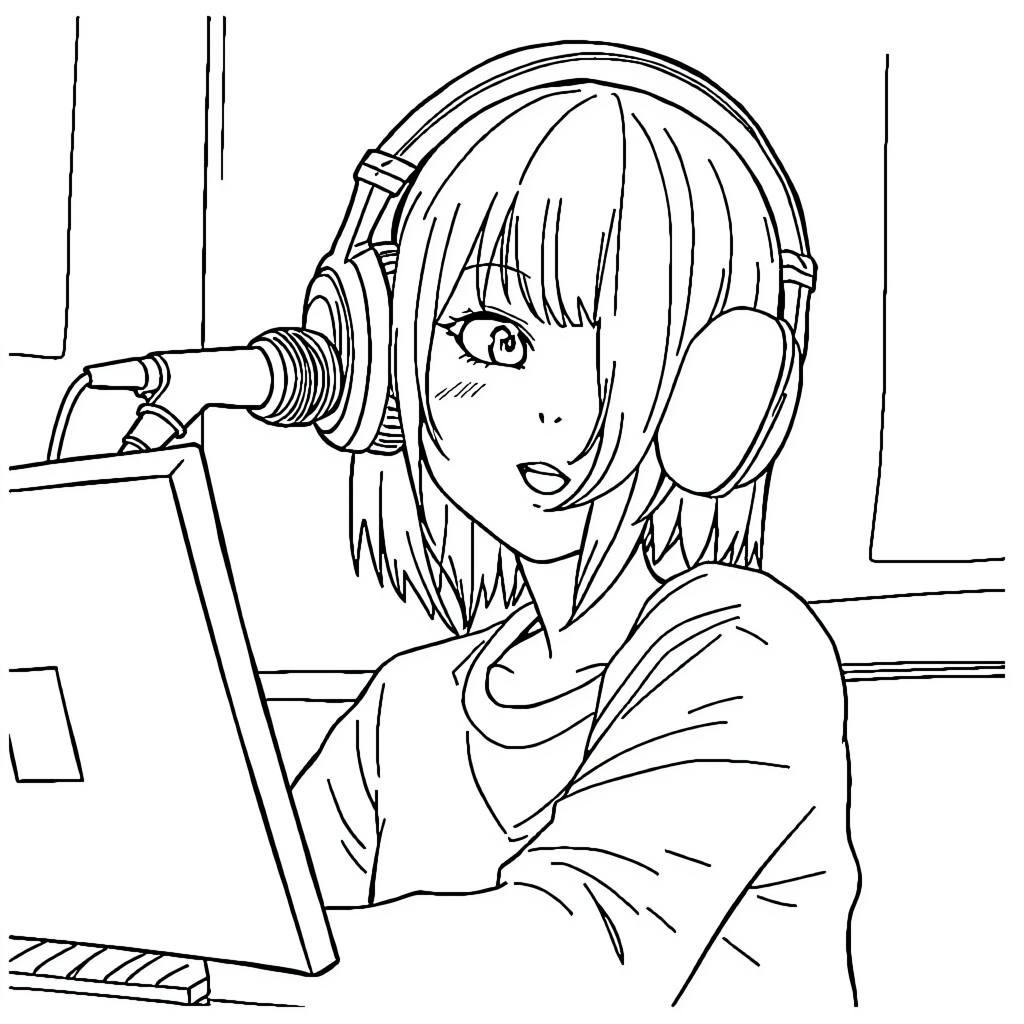 Kyoka Jiro singing into a microphone with headphones Coloring Page (free black-and-white line drawing printable PDF for all, from beginners to advanced learners, including children, teens, adults, and seniors)