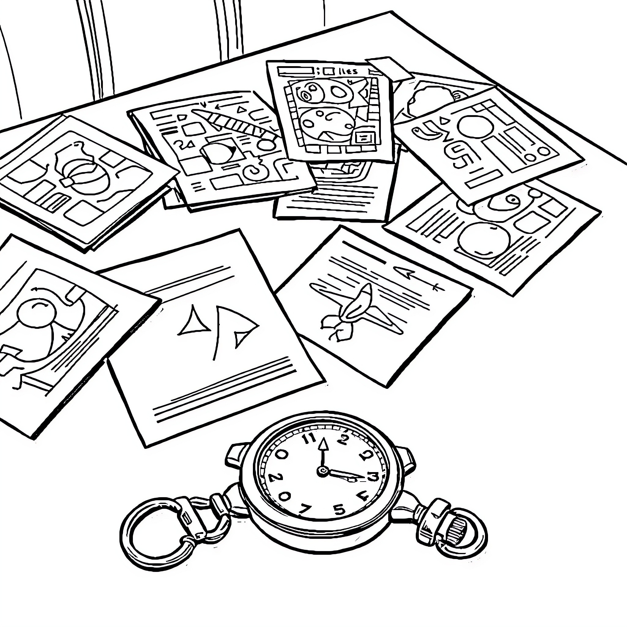 Fliers with diverse designs and a pocket watch Coloring Page (free black-and-white line drawing printable PDF for all, from beginners to advanced learners, including children, teens, adults, and seniors)