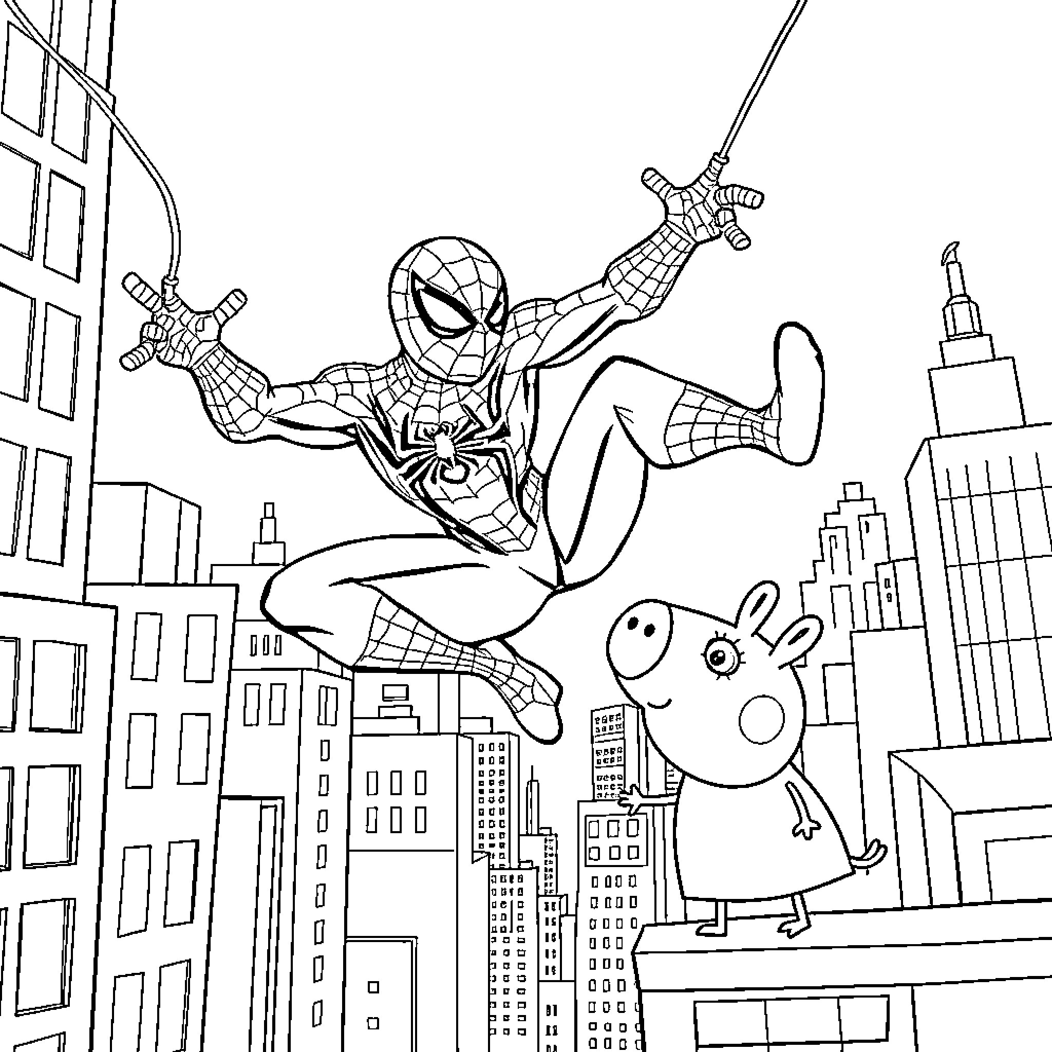 Spidey swings through the city with a friend Coloring Page (free black-and-white line drawing printable PDF for all, from beginners to advanced learners, including children, teens, adults, and seniors)