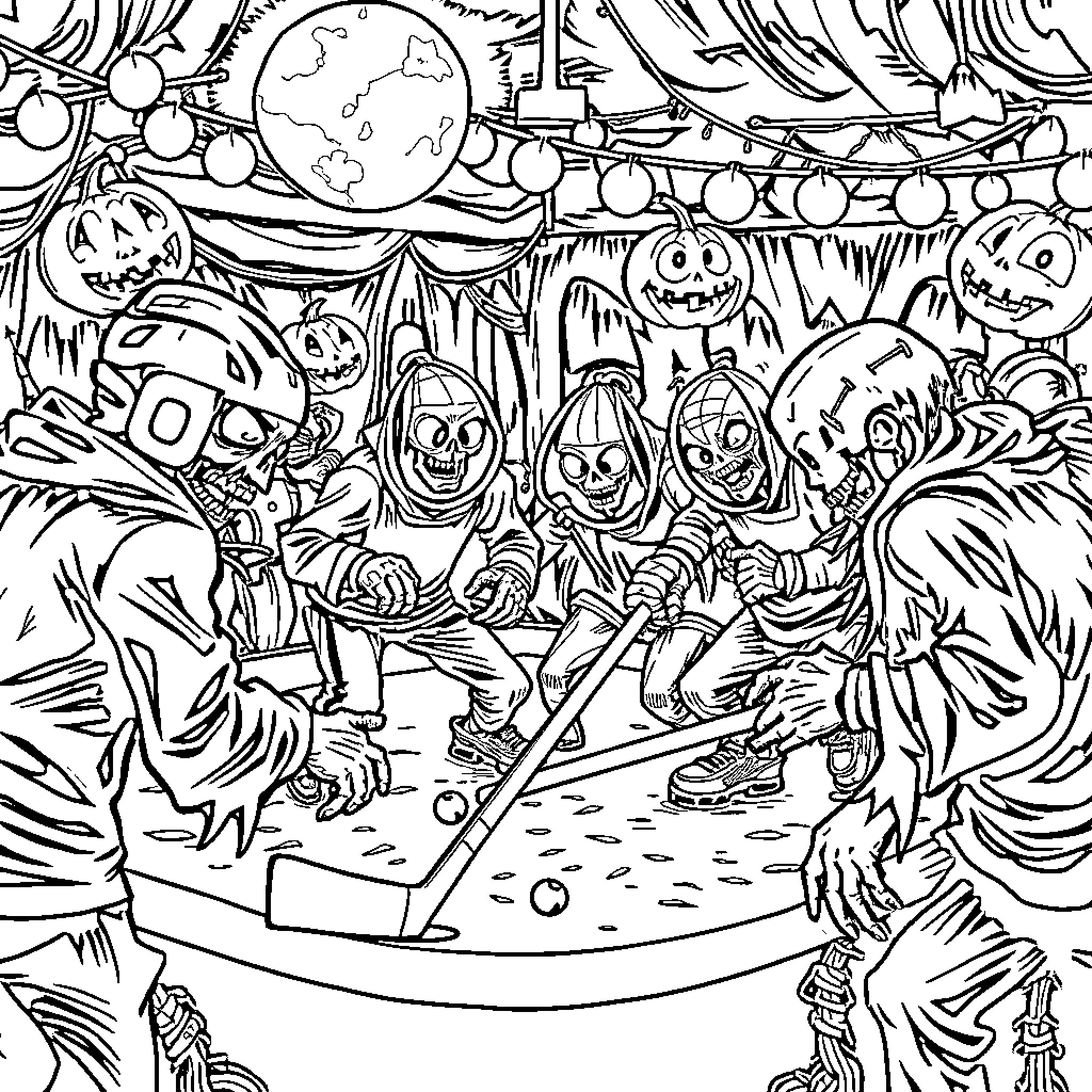 Zombie Parade of Monstrous Merriment Coloring Page (free black-and-white line drawing printable PDF for all, from beginners to advanced learners, including children, teens, adults, and seniors)
