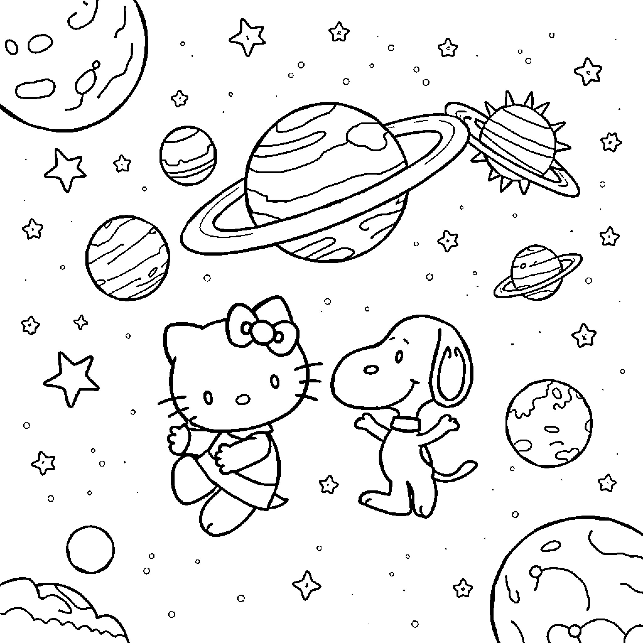 Hello Kitty and Friends Explore the Cosmic Wonders Coloring Page (free black-and-white line drawing printable PDF for all, from beginners to advanced learners, including children, teens, adults, and seniors)