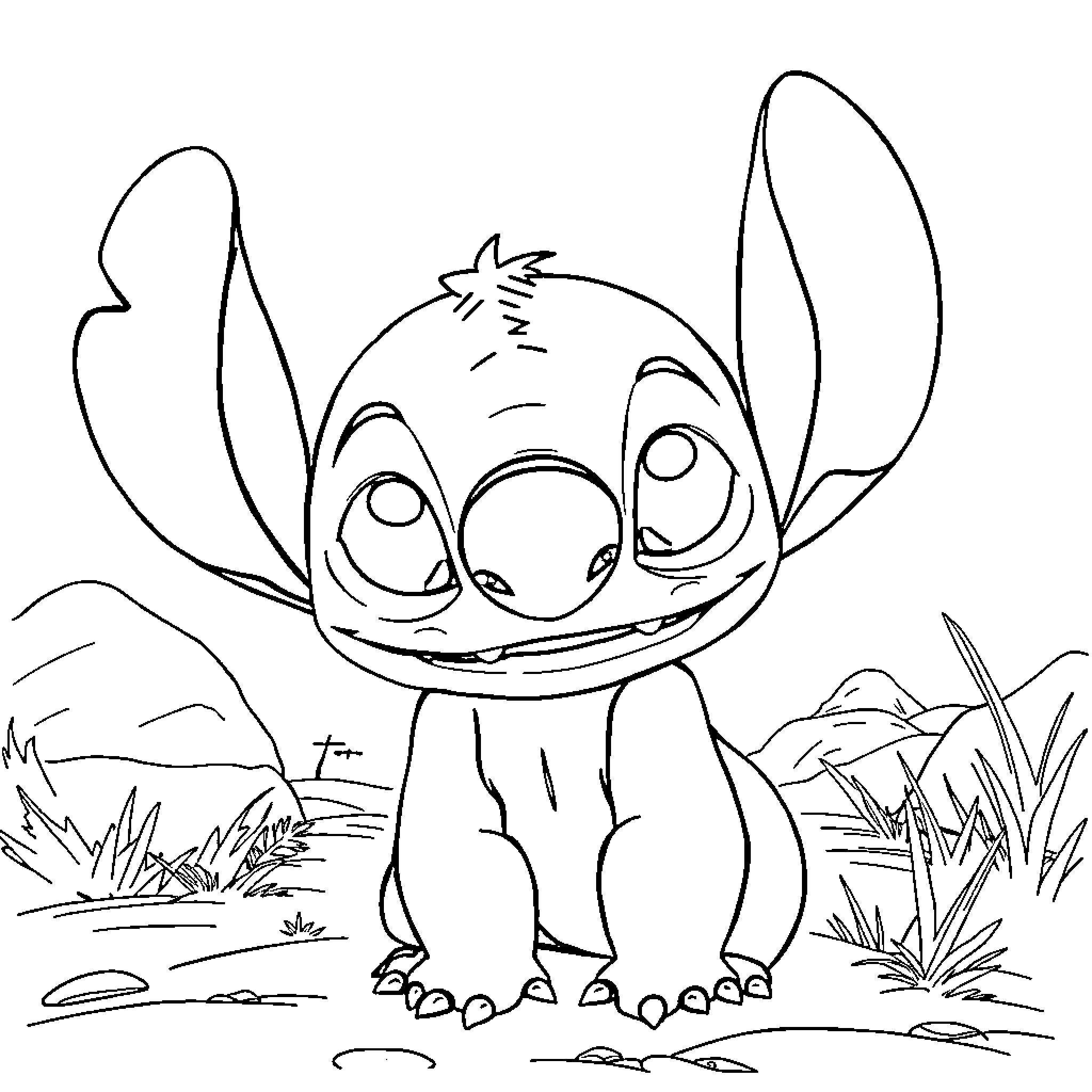 Stitch smiling in a natural setting Coloring Page (free black-and-white line drawing printable PDF for all, from beginners to advanced learners, including children, teens, adults, and seniors)