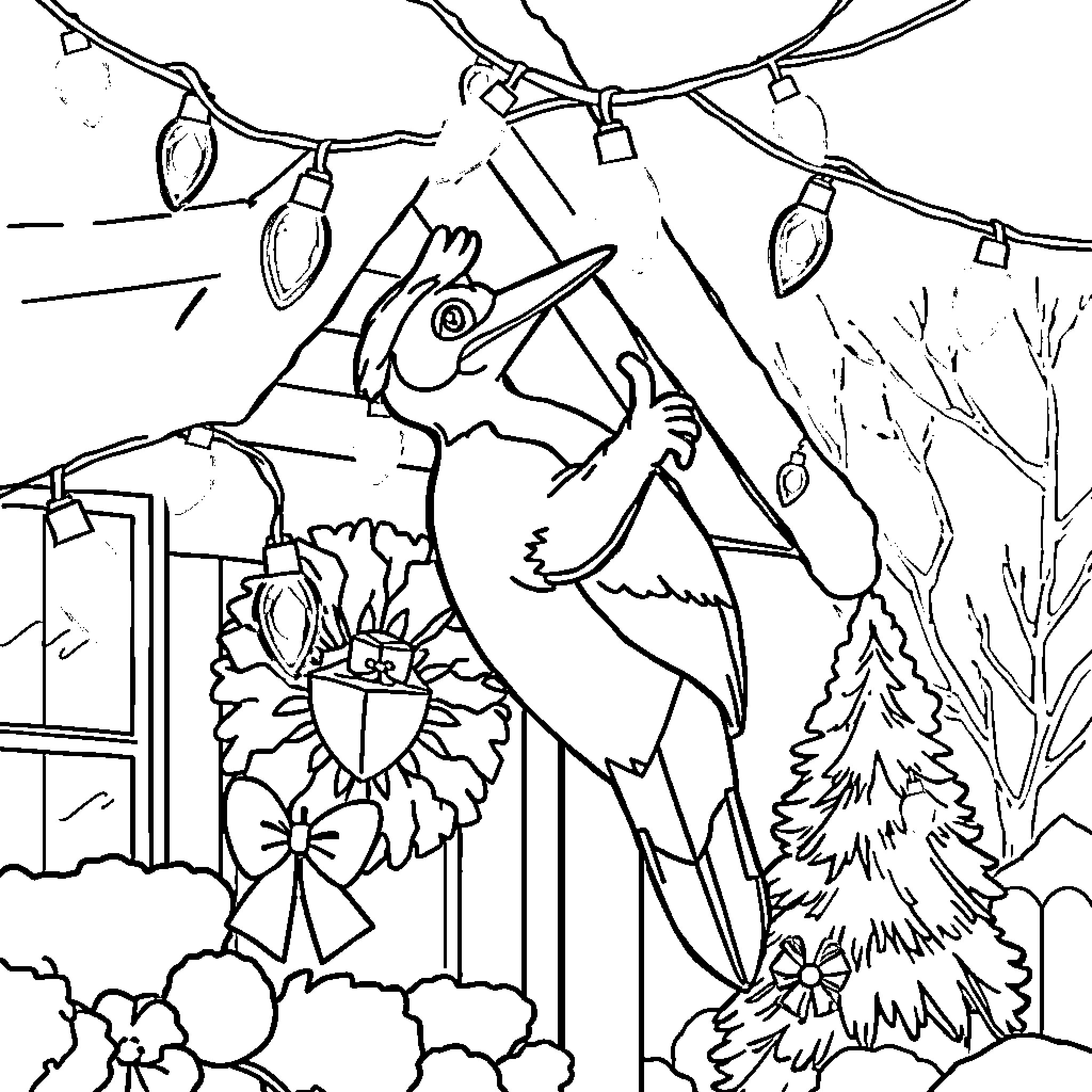 Woody Woodpecker decorating for the holidays Coloring Page (free black-and-white line drawing printable PDF for all, from beginners to advanced learners, including children, teens, adults, and seniors)
