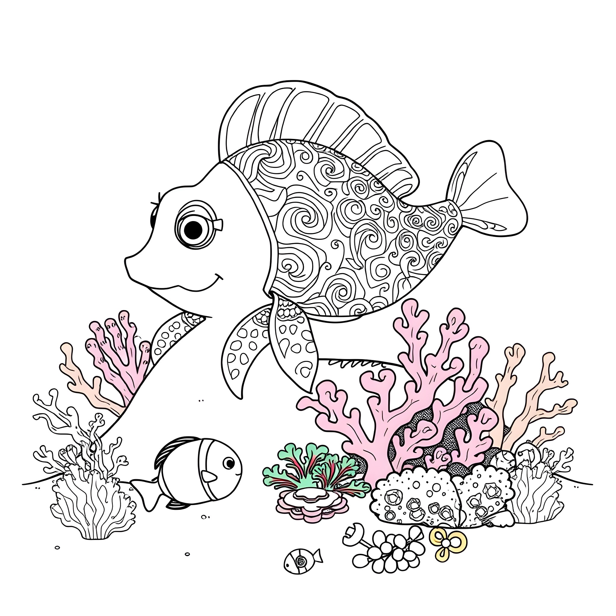 Dinglehopper: Fanciful fish exploring underwater garden Coloring Page (free black-and-white line drawing printable PDF for all, from beginners to advanced learners, including children, teens, adults, and seniors)