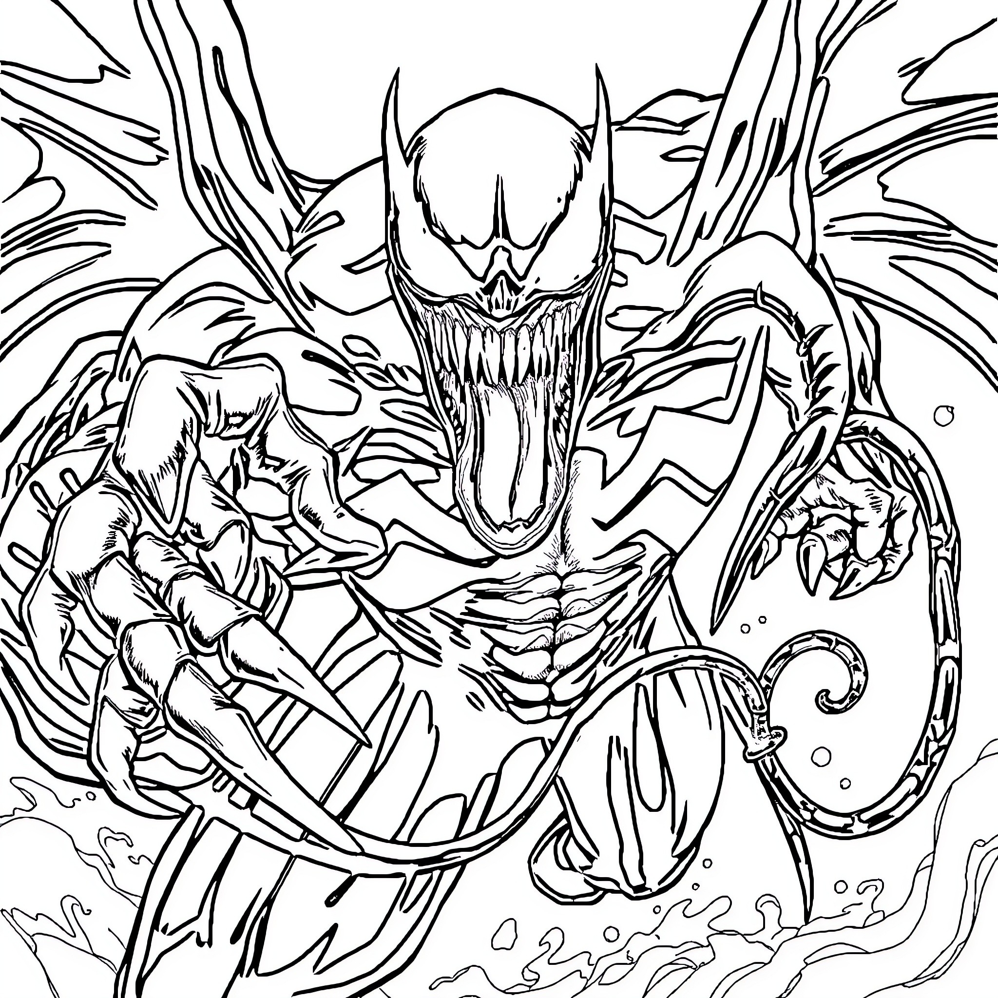 Venom - Monstrous Transformation Coloring Page (free black-and-white line drawing printable PDF for all, from beginners to advanced learners, including children, teens, adults, and seniors)
