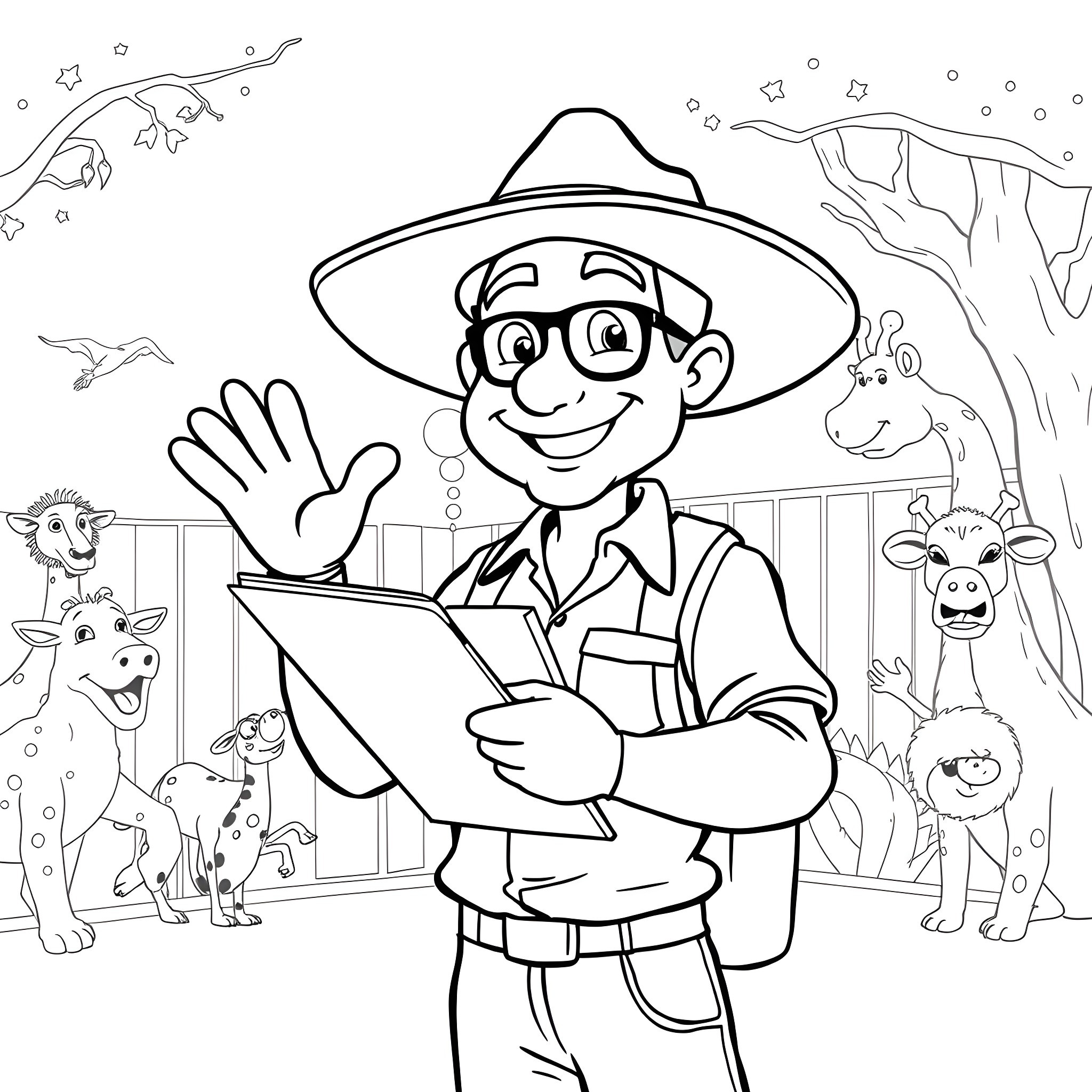 Zookeeper Interacting Cheerfully with Zoo Animals Coloring Page (free black-and-white line drawing printable PDF for all, from beginners to advanced learners, including children, teens, adults, and seniors)