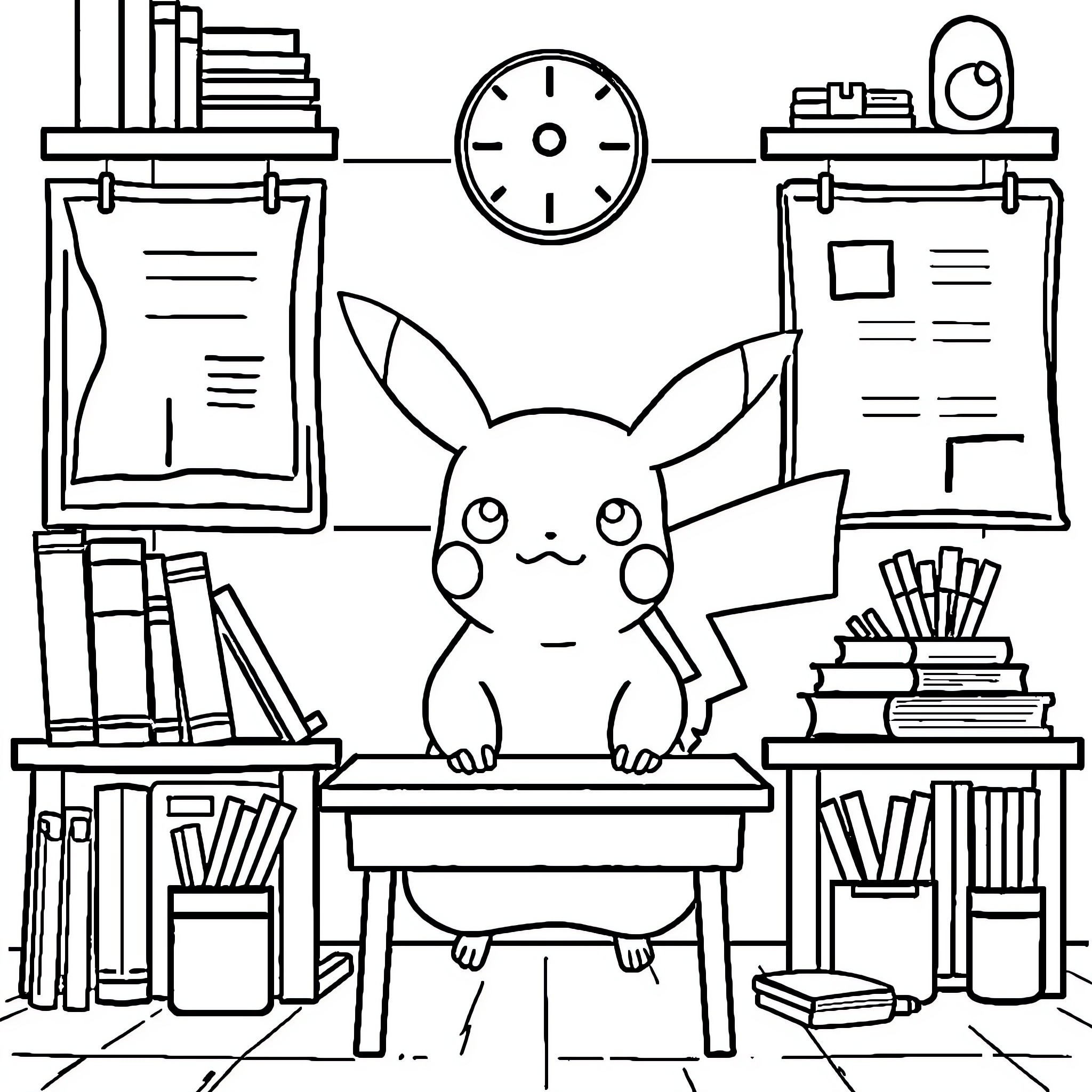 Pikachu studying diligently in a cozy study area Coloring Page (free black-and-white line drawing printable PDF for all, from beginners to advanced learners, including children, teens, adults, and seniors)