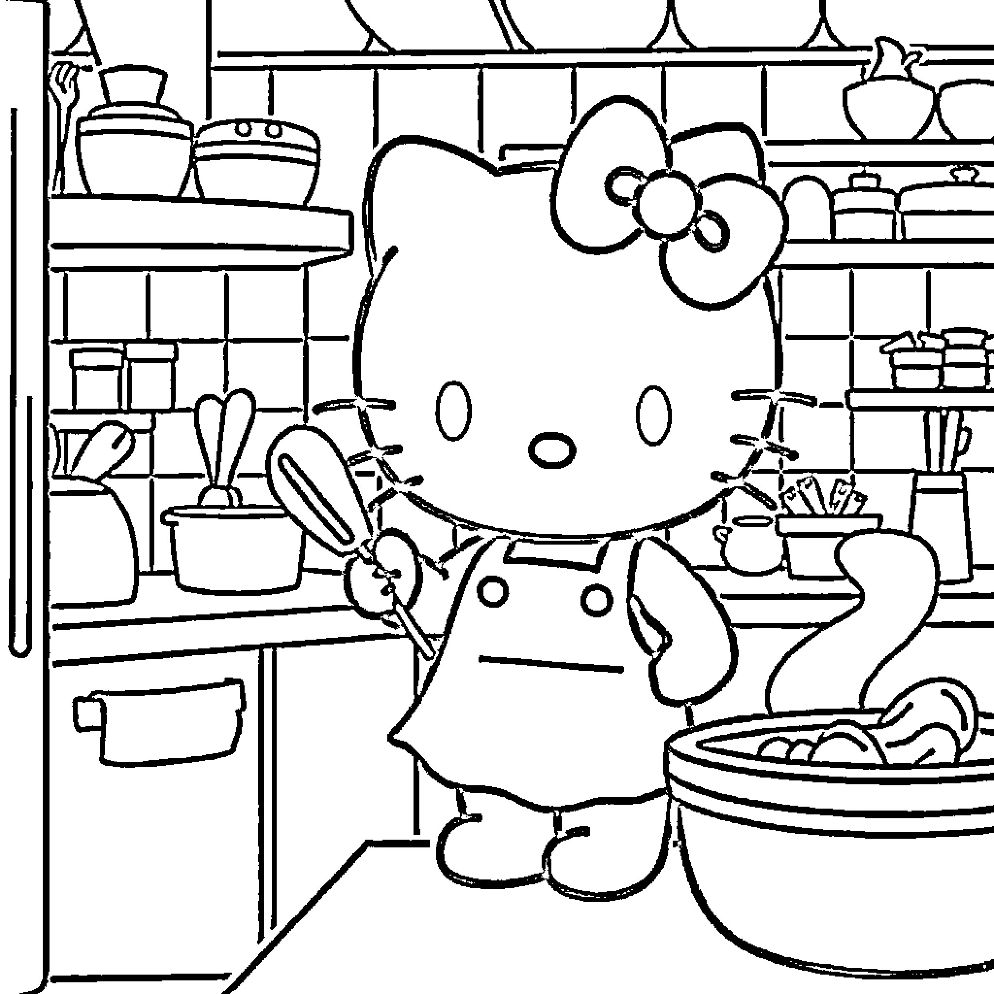 Hello Kitty Cooking in the Kitchen Coloring Page (free black-and-white line drawing printable PDF for all, from beginners to advanced learners, including children, teens, adults, and seniors)