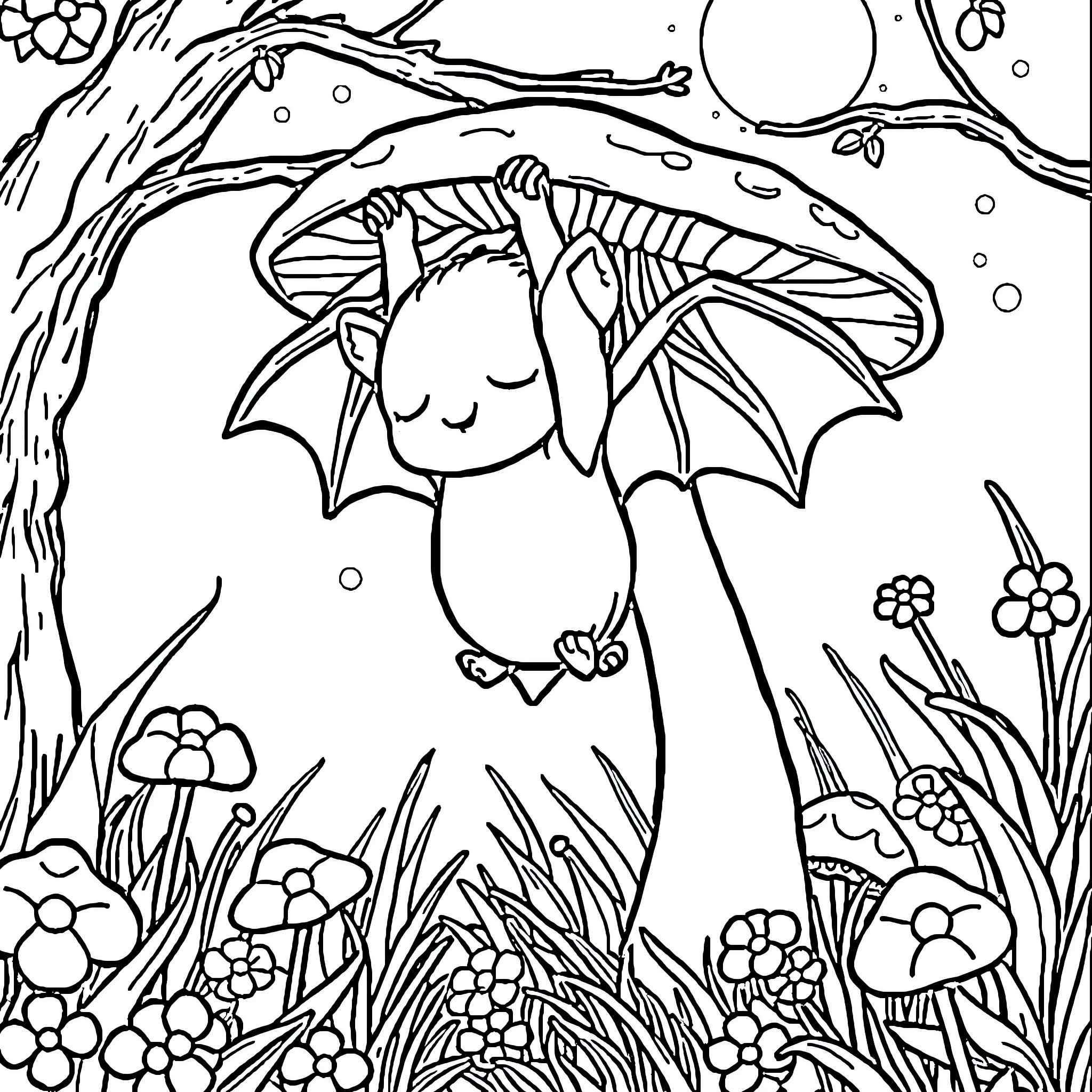 Bat resting under a large mushroom in a forest Coloring Page (free black-and-white line drawing printable PDF for all, from beginners to advanced learners, including children, teens, adults, and seniors)